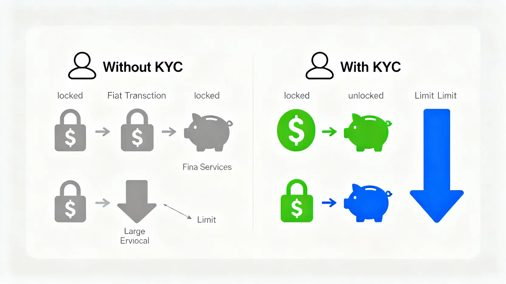 幣安KYC認證教學:一篇搞懂身份驗證流程、等級與常見失敗原因 完成KYC認證前後的帳戶功能對比圖,顯示未認證帳戶功能受限,而已認證帳戶解鎖所有核心功能。