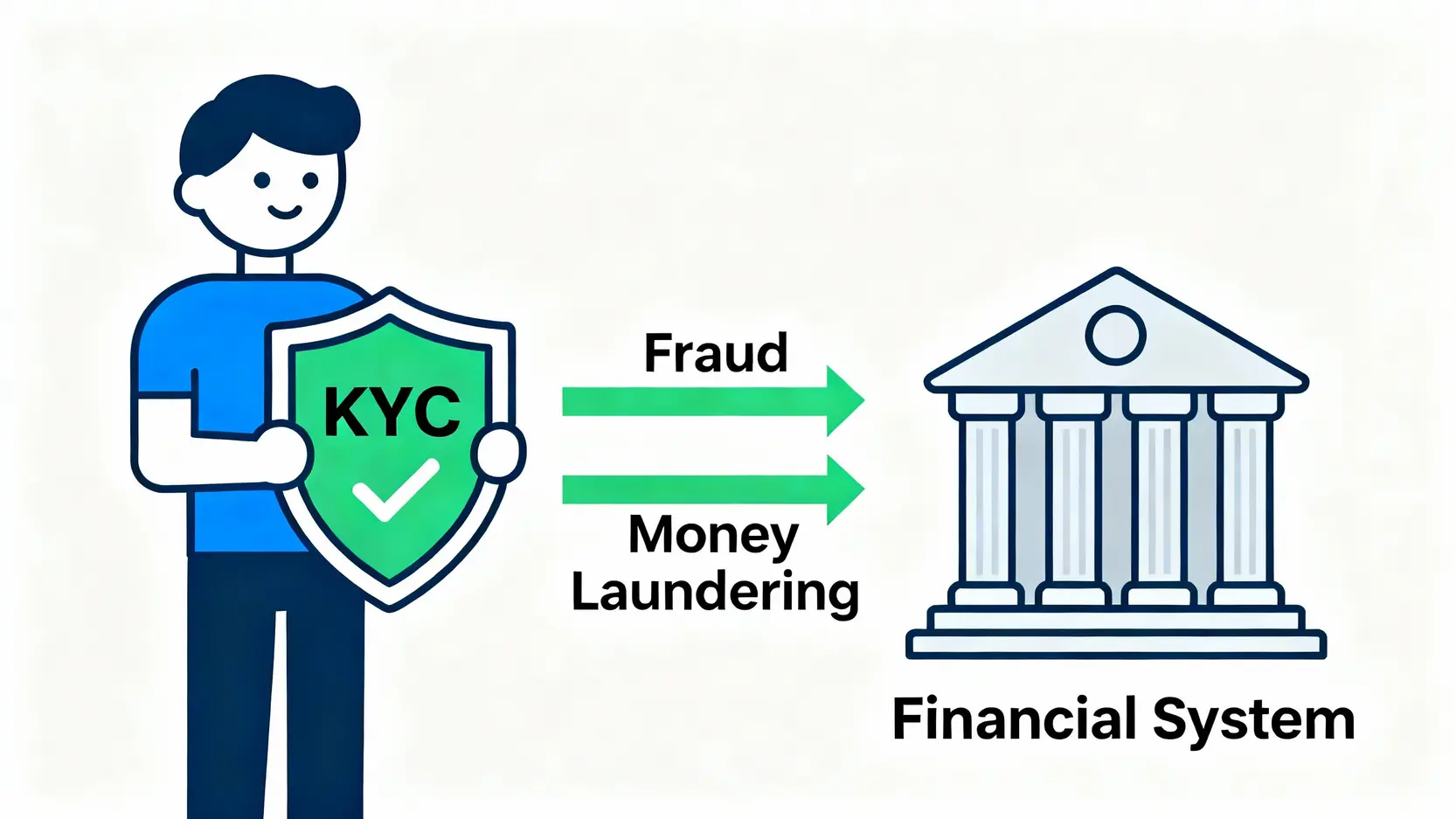 幣安KYC認證教學:一篇搞懂身份驗證流程、等級與常見失敗原因 KYC與AML關係示意圖,展示身份驗證如何保護金融系統免受詐騙和洗錢威脅。