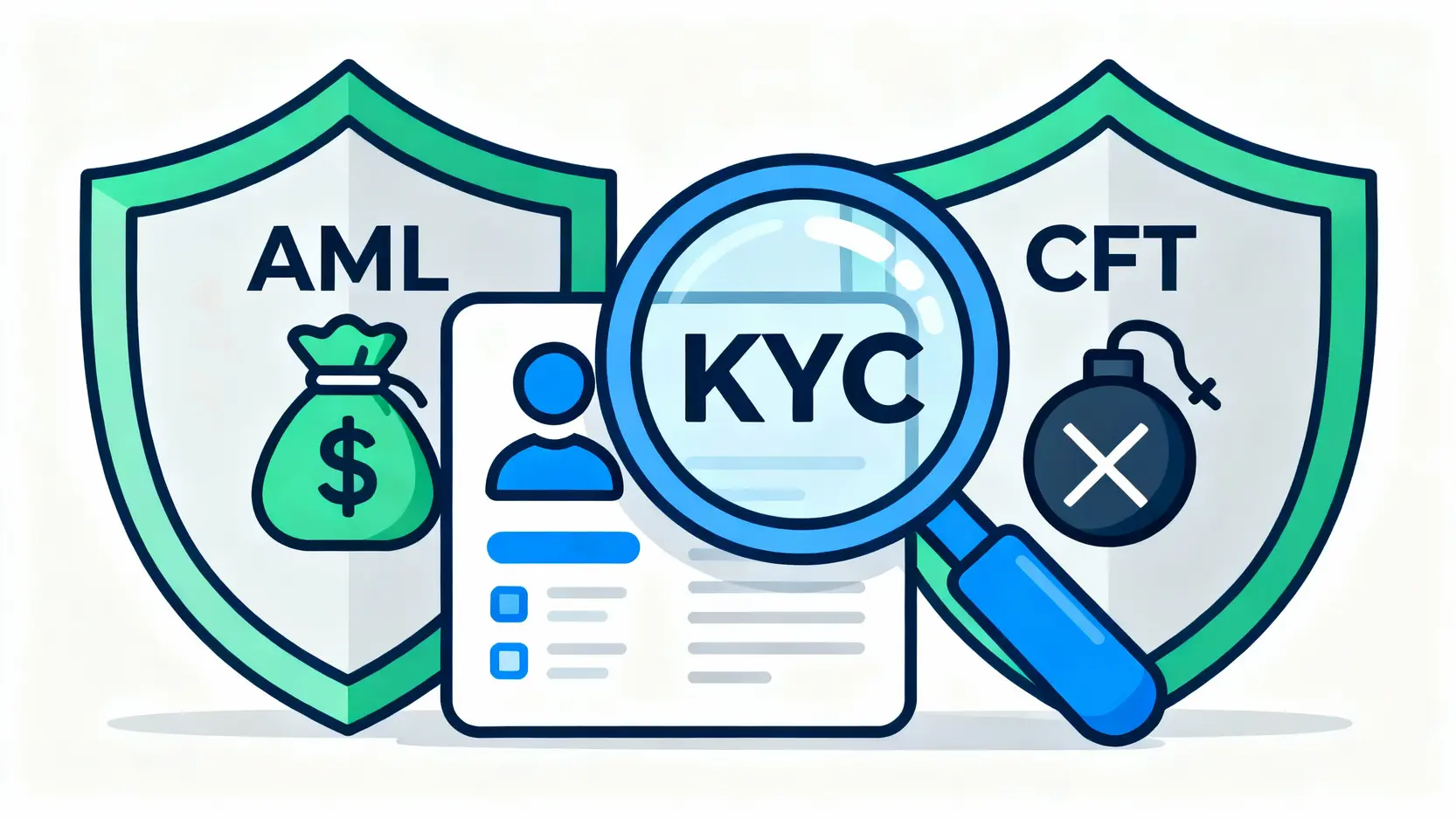 銀行KYC是什麼?秒懂金融機構KYC流程、目的與文件準備指南 一張概念圖,顯示銀行透過KYC(認識你的客戶)程序,識別客戶身分,以達成防制洗錢(AML)與打擊資恐(CFT)的目標。