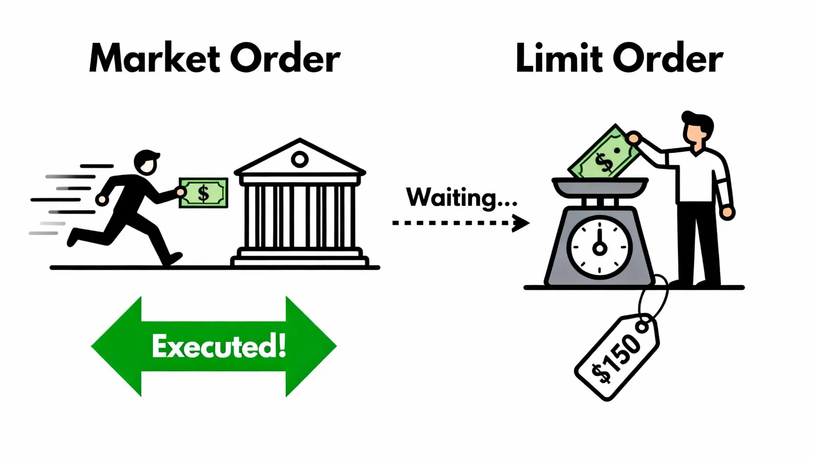 Firstrade下單教學全攻略:App與電腦版5步驟搞懂平台使用 市價單與限價單的比較圖,左邊市價單強調速度,右邊限價單強調價格控制。