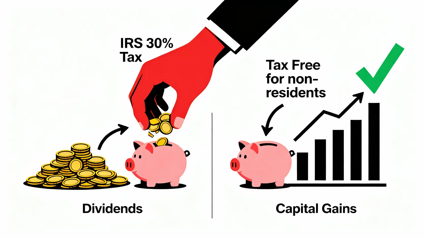 【Firstrade退稅完整指南】搞懂W-8BEN表格,輕鬆拿回30%美股股息稅! 一張圖表比較美股股息與資本利得的稅務差異,顯示股息需預扣30%稅款而資本利得通常免稅。