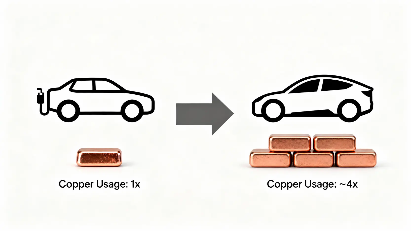 傳統燃油車與電動車的銅使用量對比圖。