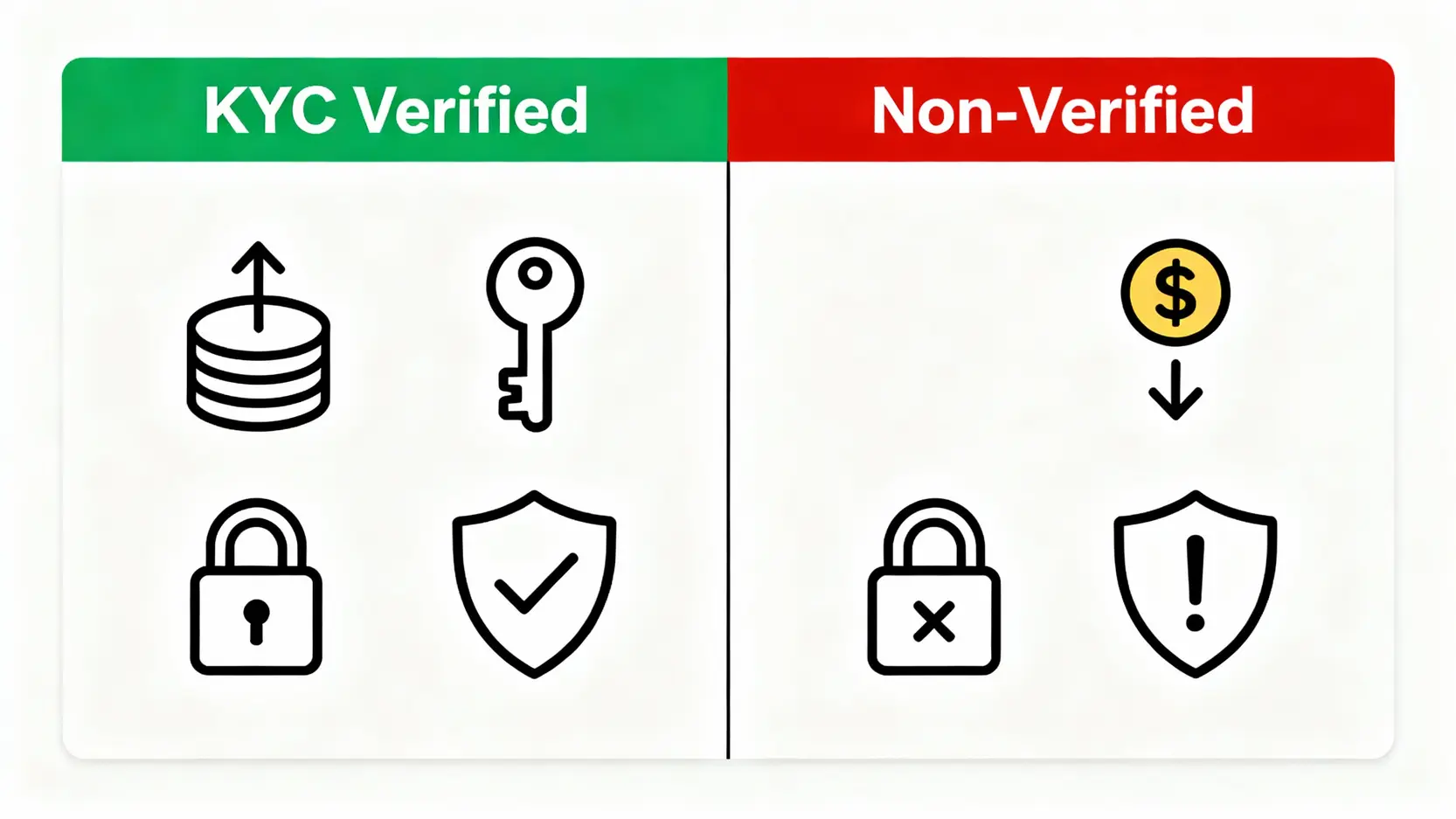 KYC是什麼?一篇搞懂KYC風險、重要性與未完成的3大嚴重影響 未完成KYC與完成KYC帳戶權限對比圖,顯示了提款額度、服務使用和帳戶風險的巨大差異。