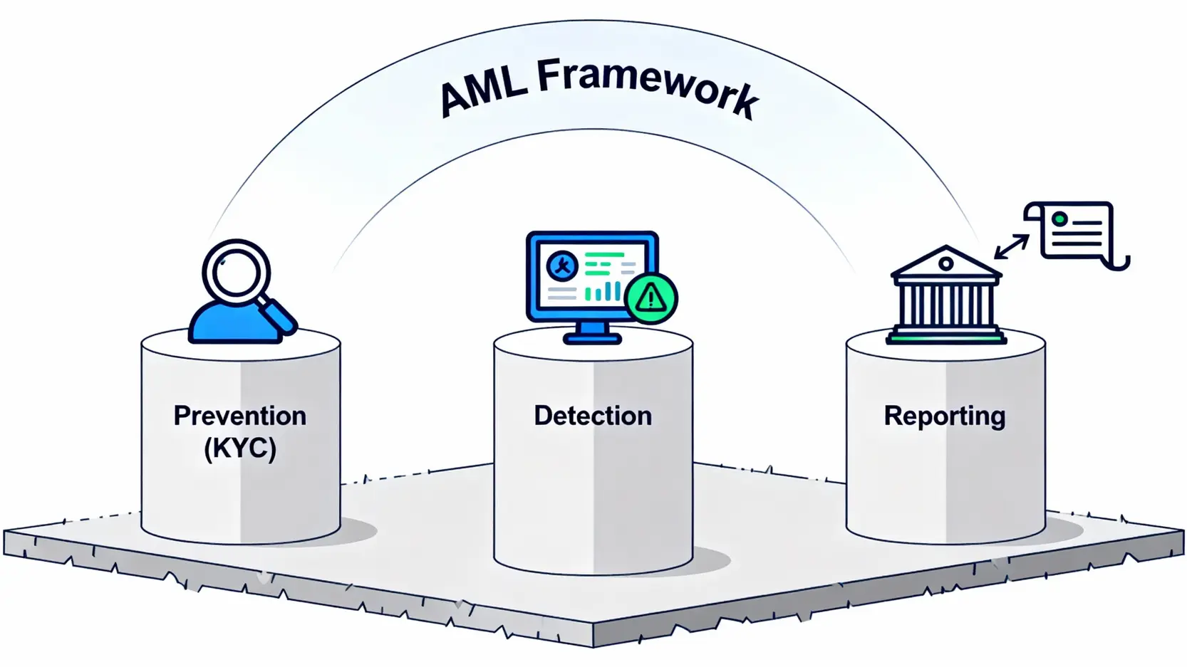 KYC與AML差異在哪?從反洗錢是什麼,完整解析兩者核心關係 AML反洗錢三大支柱的示意圖,包含預防、偵測與通報。
