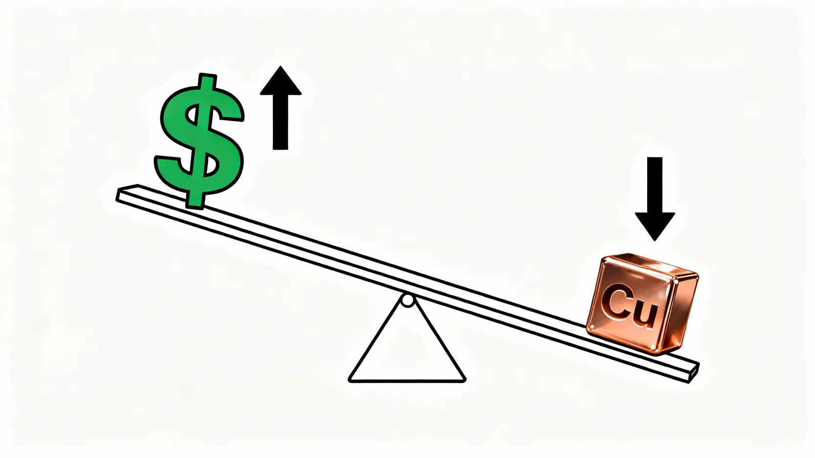 美元指數與銅價的蹺蹺板關係圖，顯示美元走強時銅價傾向下跌。