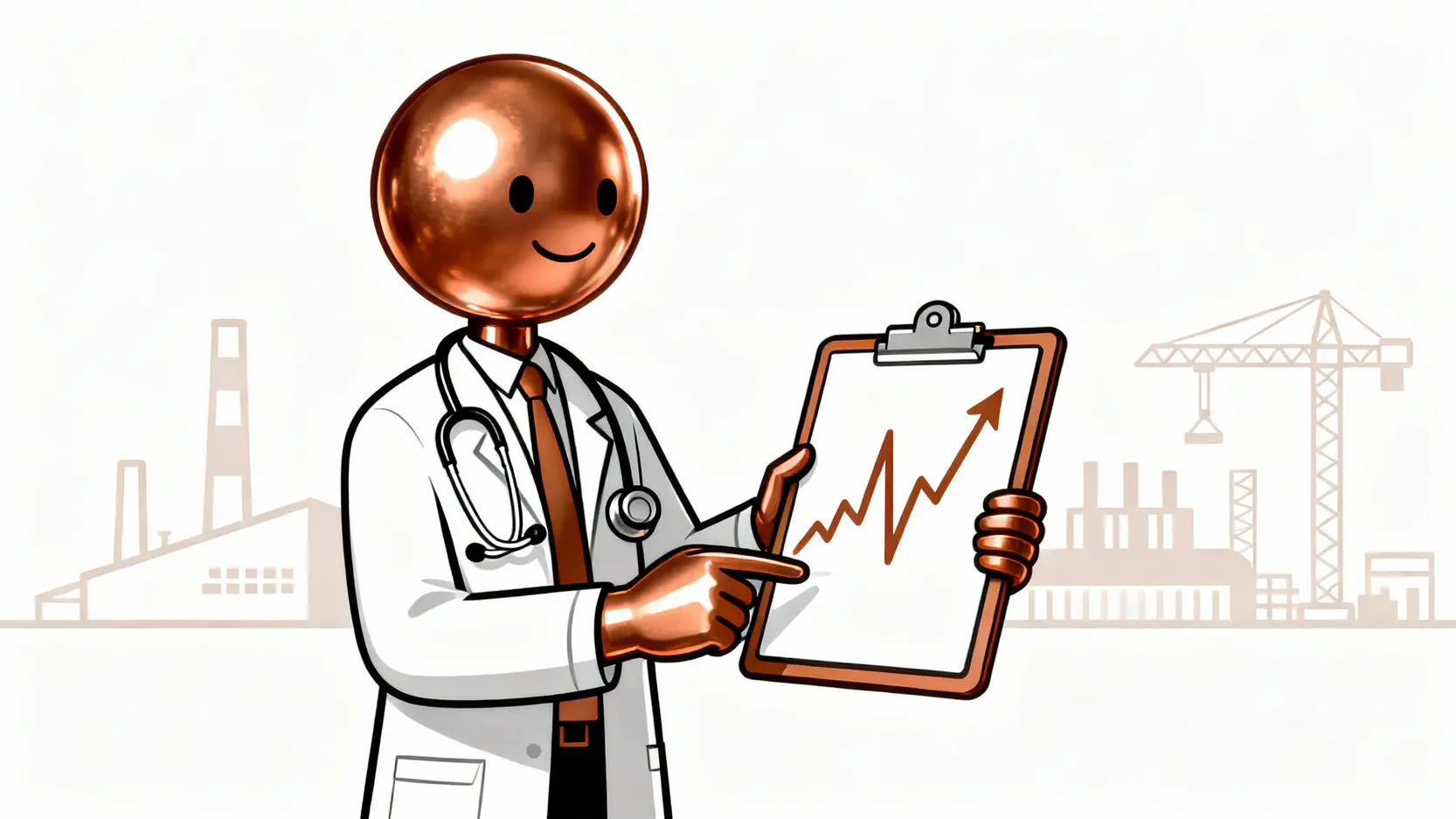銅博士概念圖，一個銅質醫生形象的角色拿著經濟圖表，象徵銅價預示全球經濟健康。