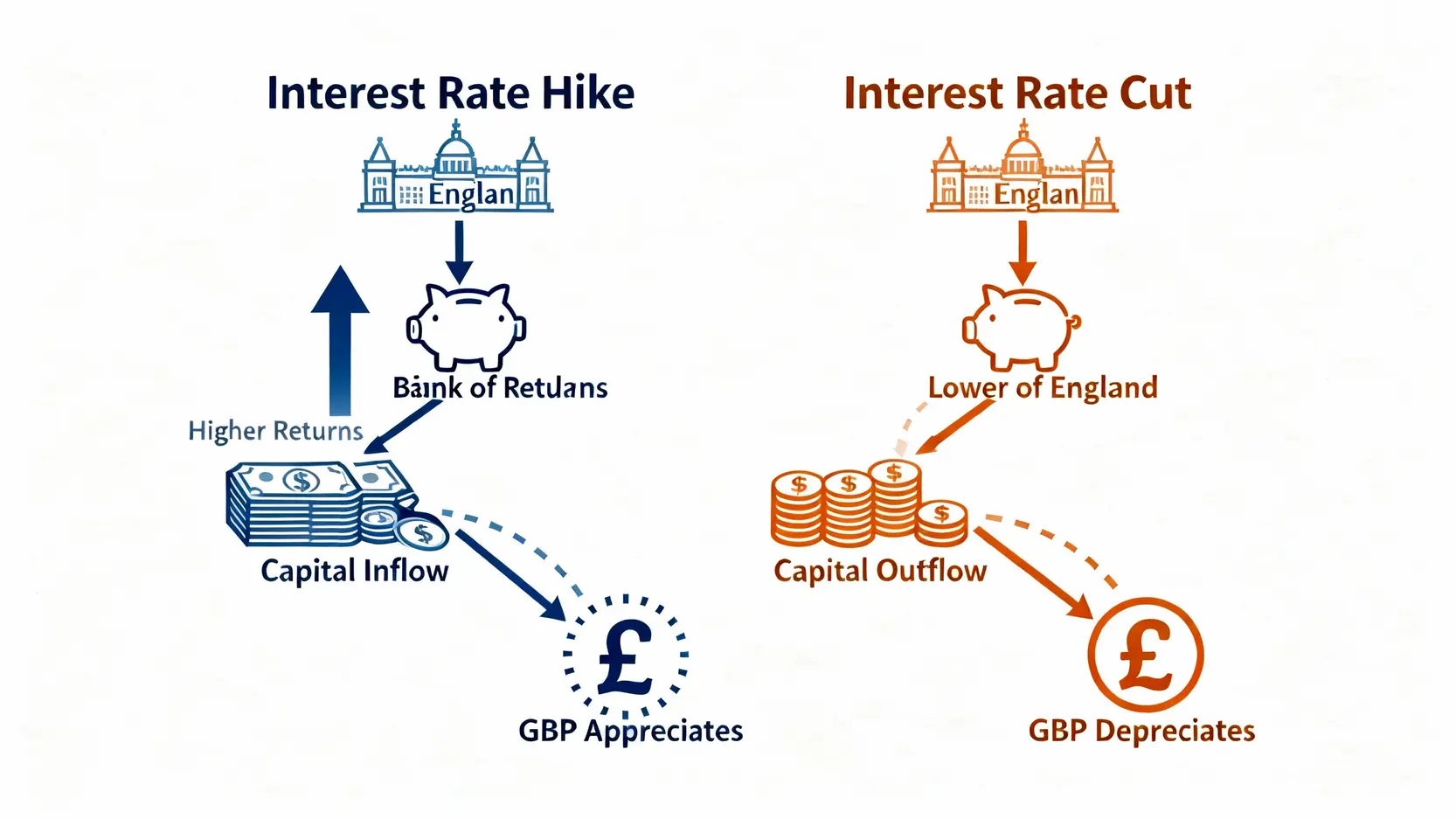【2026英鎊走勢分析】英鎊會漲嗎?專家預測、技術分析與換匯策略全攻略 英國央行升息與降息對英鎊匯率影響的流程圖