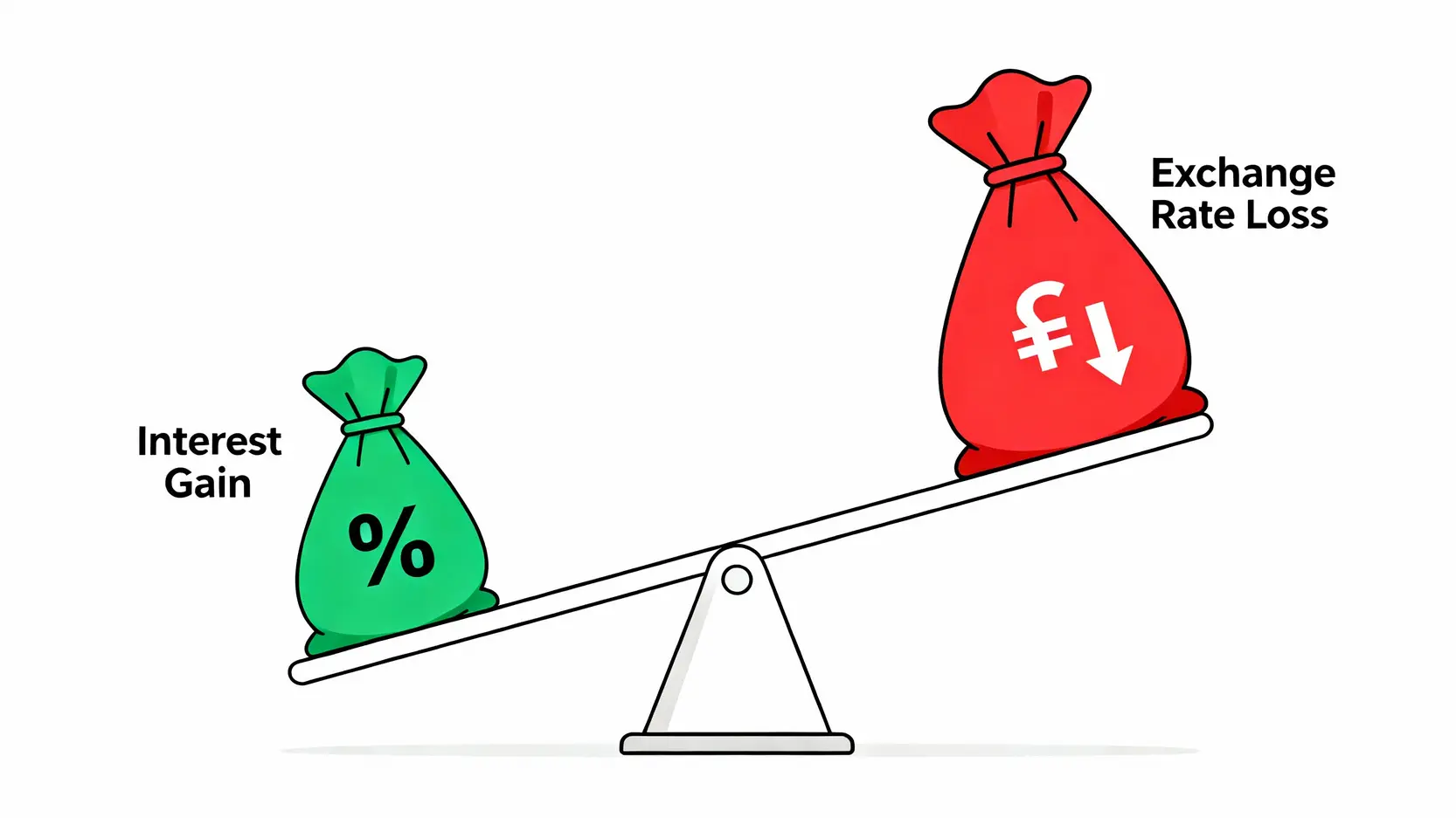英鎊定存利率比較:2025最新10+家銀行方案,優缺點與換匯時機全攻略 一個說明「賺了利差,賠了匯差」概念的天平。天平一端是較輕的利息收益,另一端是較重的匯率損失,導致整體虧損。