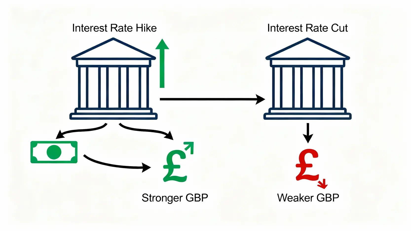 一張示意圖解釋英國央行的貨幣政策如何影響英鎊匯率。左半部顯示升息吸引資金流入，導致英鎊升值；右半部顯示降息導致資金流出，造成英鎊貶值。