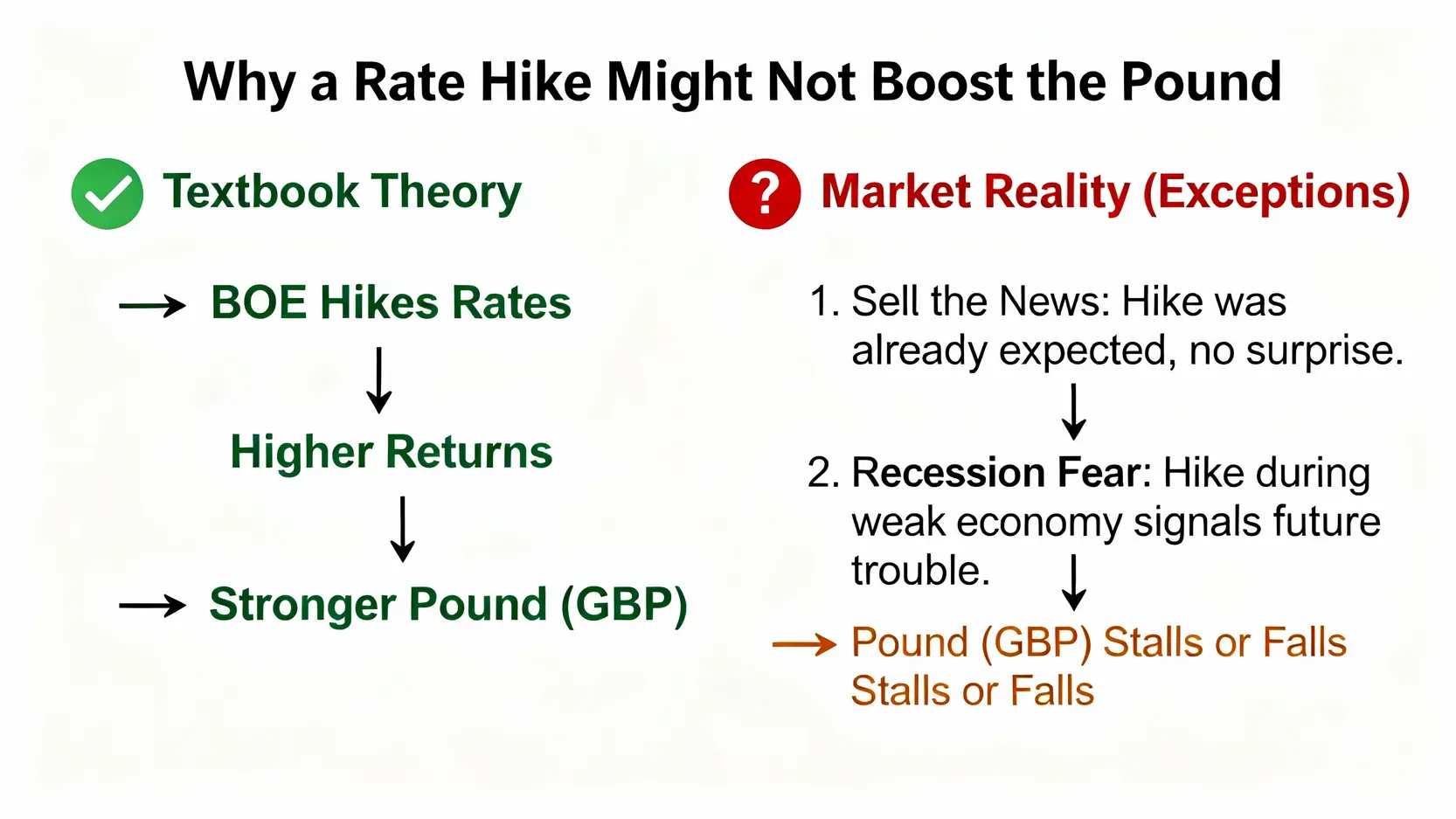影響英鎊匯率的3大關鍵:英國CPI、脫歐後效應與央行政策全解析 一張對比圖,比較了升息在理論上會讓英鎊升值,但在市場現實中可能因預期兌現或經濟衰退擔憂而導致英鎊下跌的兩種情況。