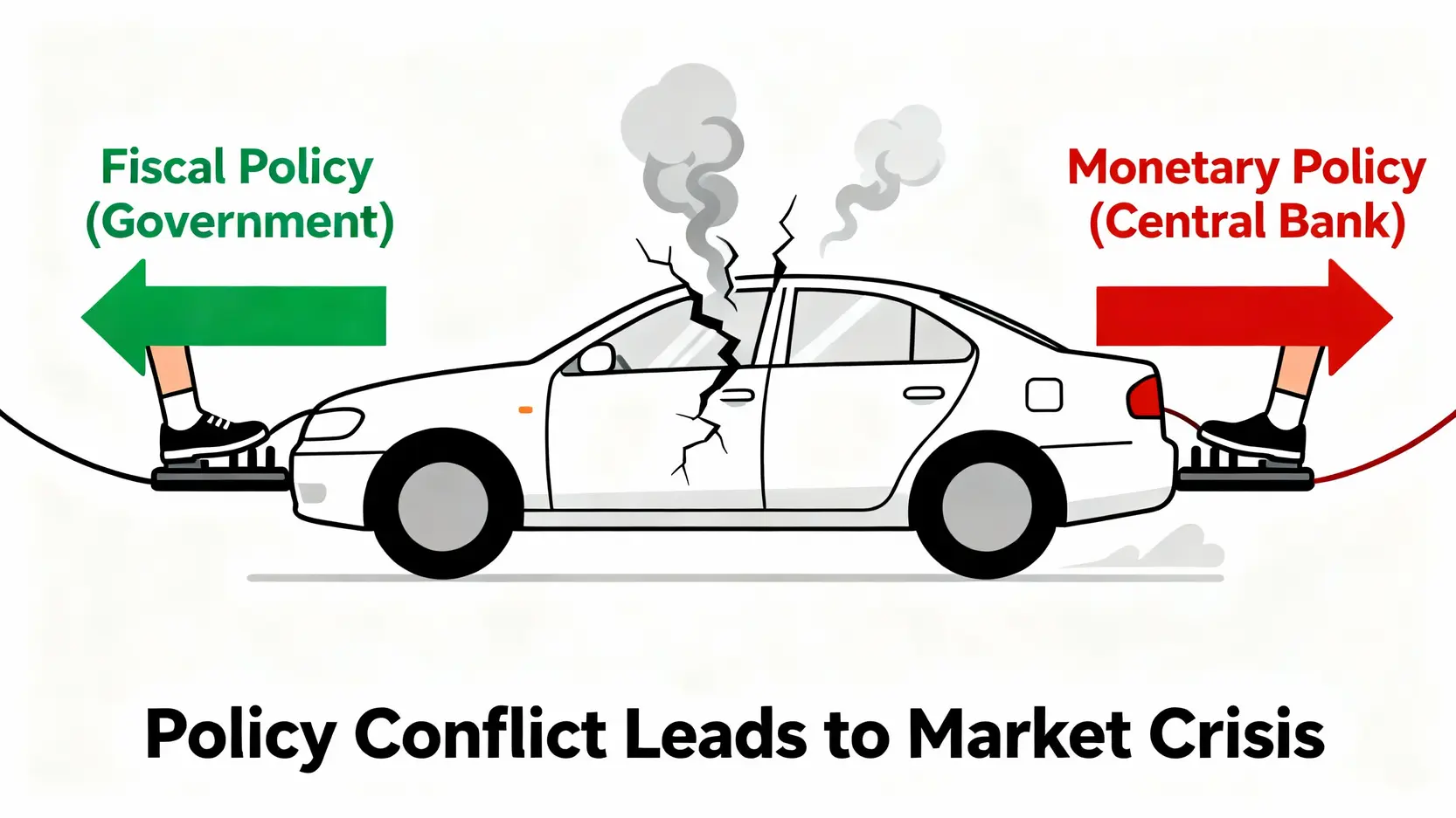 影響英鎊匯率的3大關鍵:英國CPI、脫歐後效應與央行政策全解析 一張概念圖,描繪政府的財政政策(油門)和央行的貨幣政策(剎車)方向相反,導致經濟車輛被撕裂,象徵市場危機。