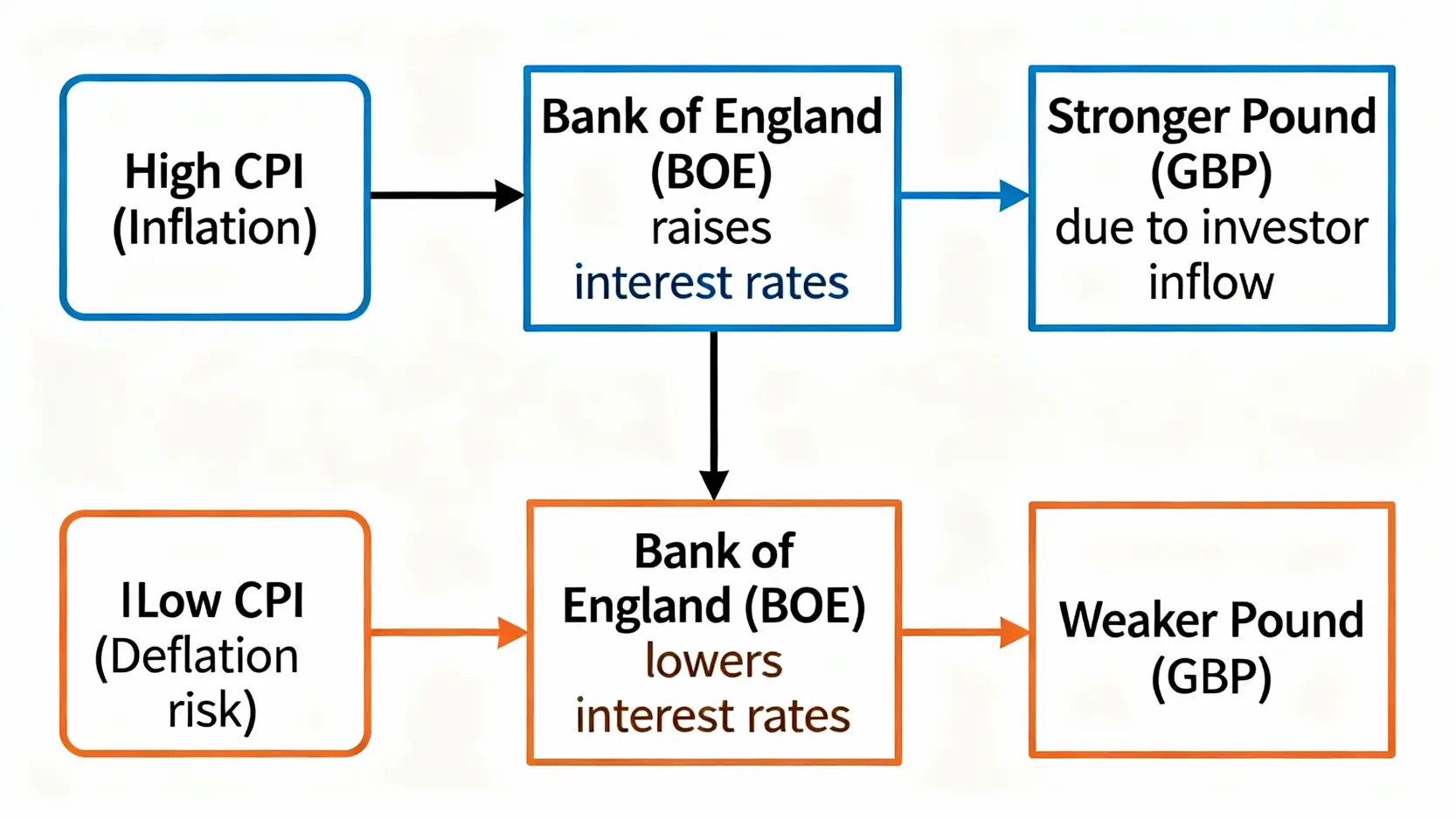 影響英鎊匯率的3大關鍵:英國CPI、脫歐後效應與央行政策全解析 一張流程圖,說明高CPI導致英國央行升息和英鎊走強,而低CPI導致降息和英鎊走弱的過程。