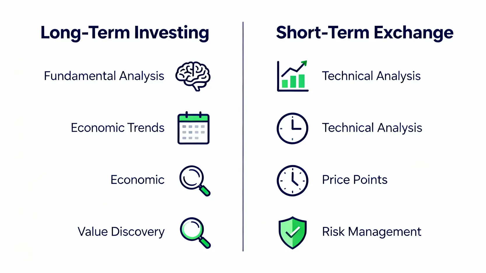 英鎊匯率全解析:英鎊兌美元、歐元、人民幣走勢預測與投資策略 一張對比圖,區分長期投資英鎊與短期換匯英鎊的策略差異,包括分析方法和目標。