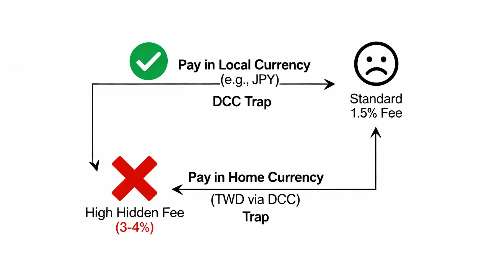 2025信用卡比較:10張必辦現金回饋神卡,海外消費無腦刷! 海外刷卡時選擇當地貨幣與台幣(DCC)結帳的結果對比圖,顯示選擇當地貨幣更划算。