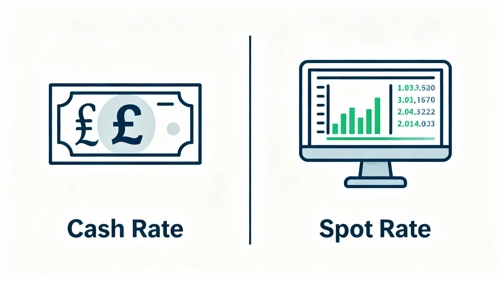 換英鎊必看!2025銀行英鎊匯率、點差與手續費完整比較攻略 即期匯率與現金匯率的區別圖示,左邊為實體英鎊鈔票代表現金匯率,右邊為電腦交易介面代表即期匯率。