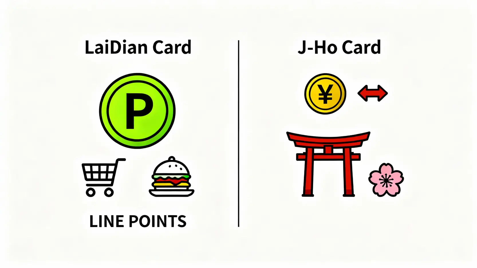 聯邦賴點卡與吉鶴卡核心差異比較圖，左側為賴點卡主打LINE POINTS點數與國內消費，右側為吉鶴卡主打日幣現金回饋與日本旅遊。