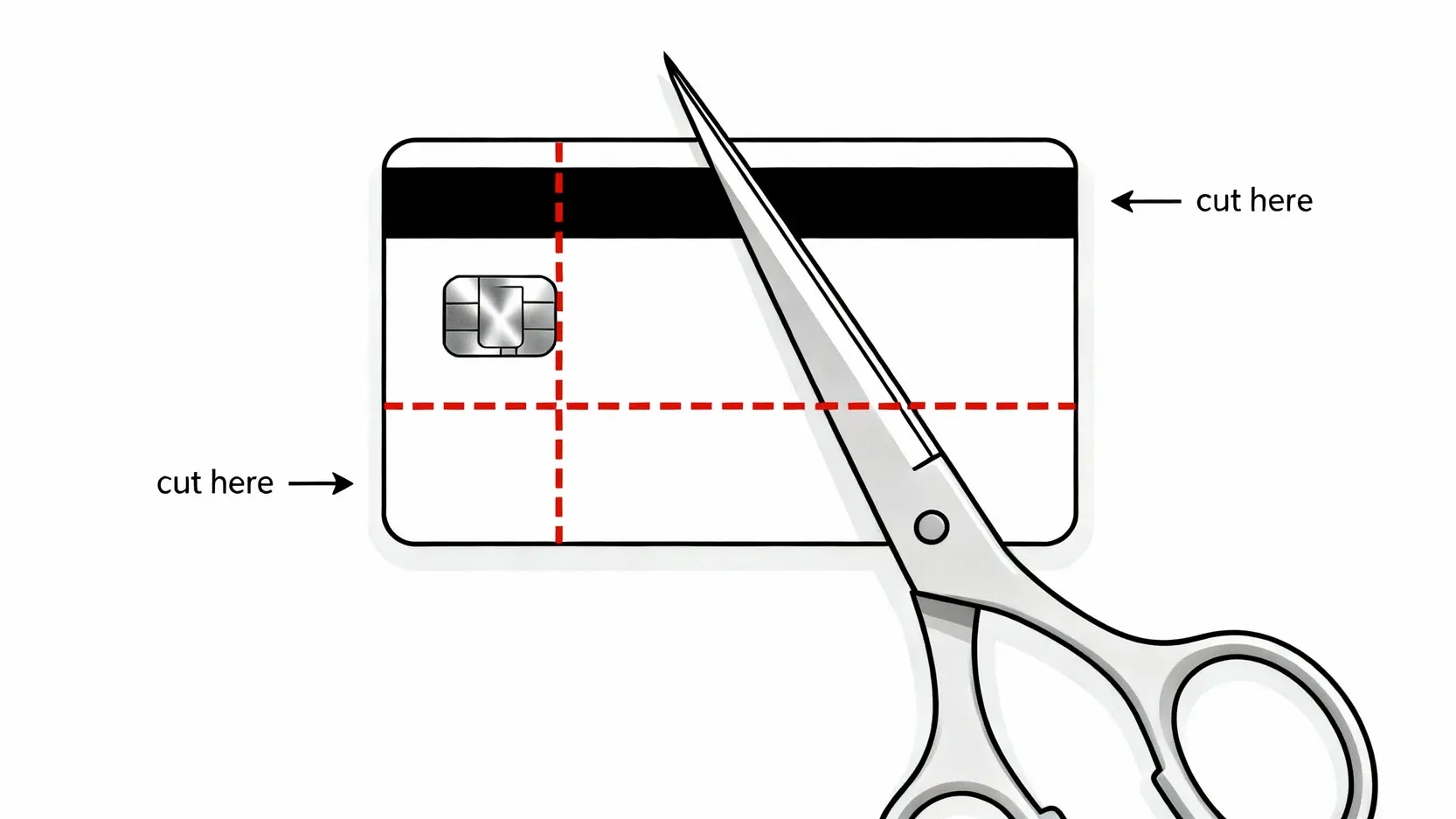 信用卡安全須知懶人包:卡號、安全碼在哪?到期換卡5大重點 一張教學圖片,展示如何用剪刀剪斷舊信用卡的晶片和磁條以作廢卡片。