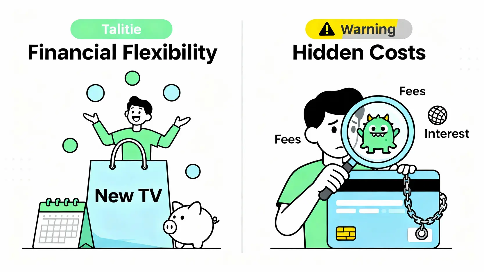 信用卡分期好處與陷阱的對比圖，左邊是靈活管理現金流，右邊是隱藏的手續費與利息陷阱。