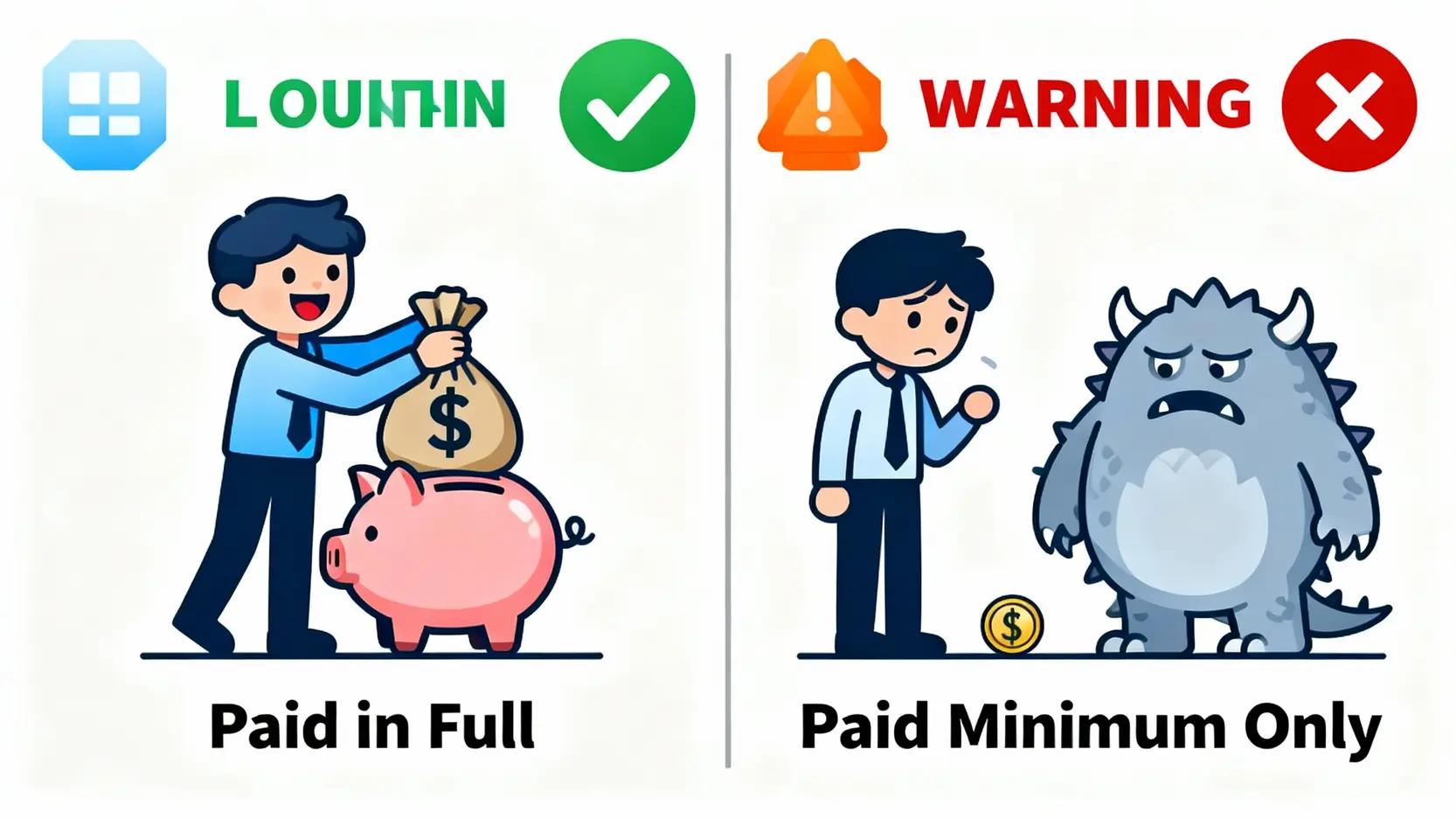 信用卡繳費全攻略:最低應繳、遲繳後果與循環利息一篇搞懂 一張對比圖,比較信用卡全額繳清與只繳最低應繳金額的後果。
