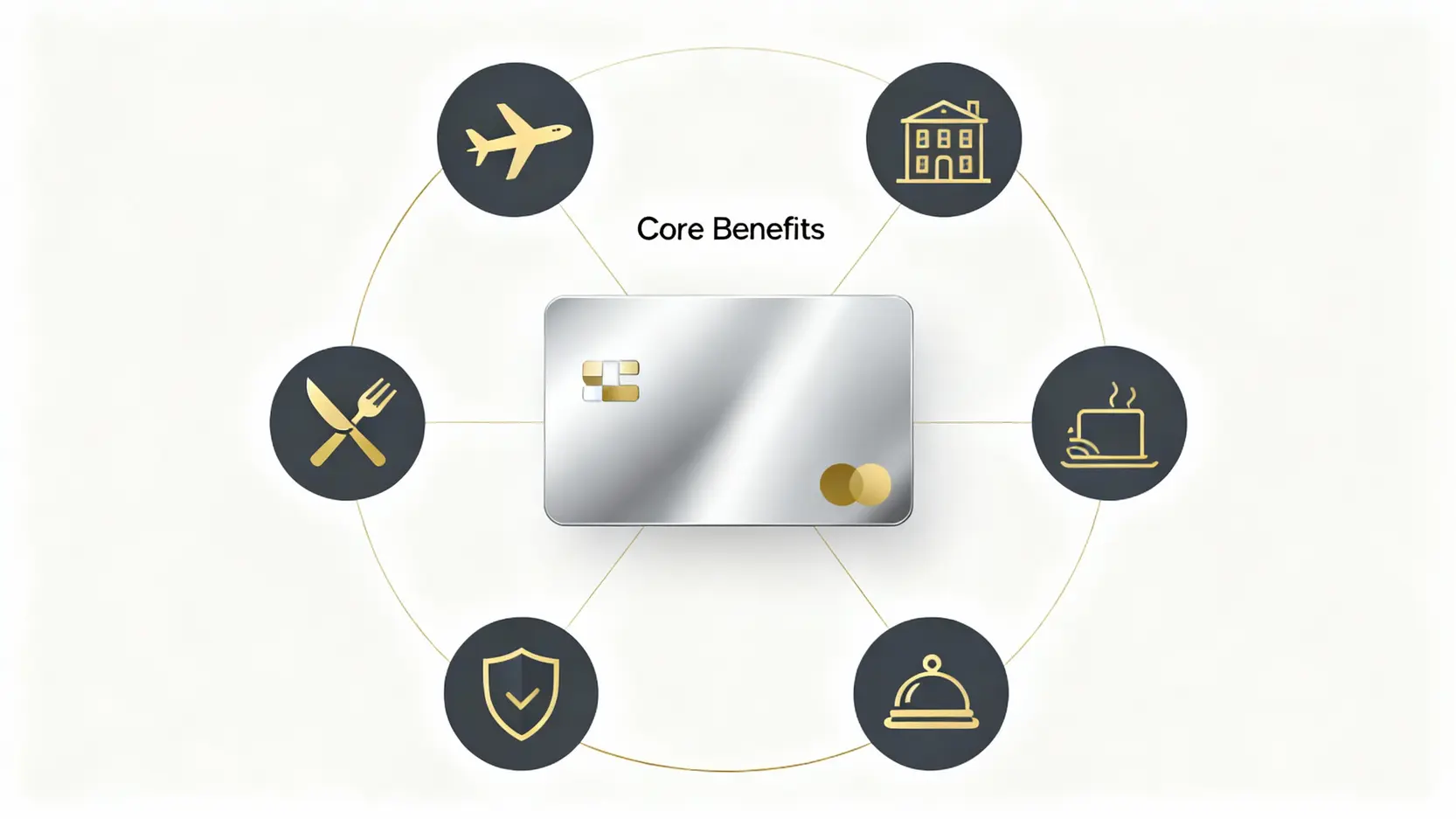 【2025 AE白金卡評測】年費$36,800值得嗎?一篇看懂美國運通白金卡所有優惠與回饋 美國運通白金卡五大核心權益示意圖,包含機場貴賓室、飯店禮遇、餐飲回饋、旅遊保障與白金秘書服務。