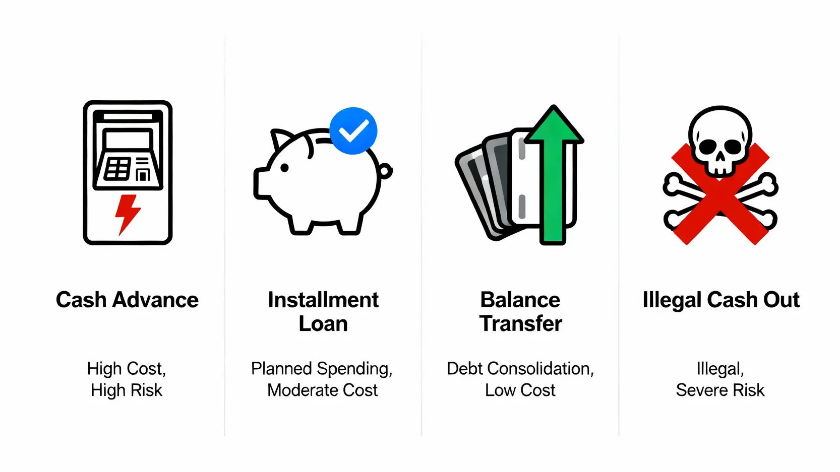 四種信用卡週轉現金方式的風險與成本比較圖，包含預借現金、分期貸款、餘額代償及刷卡換現金。
