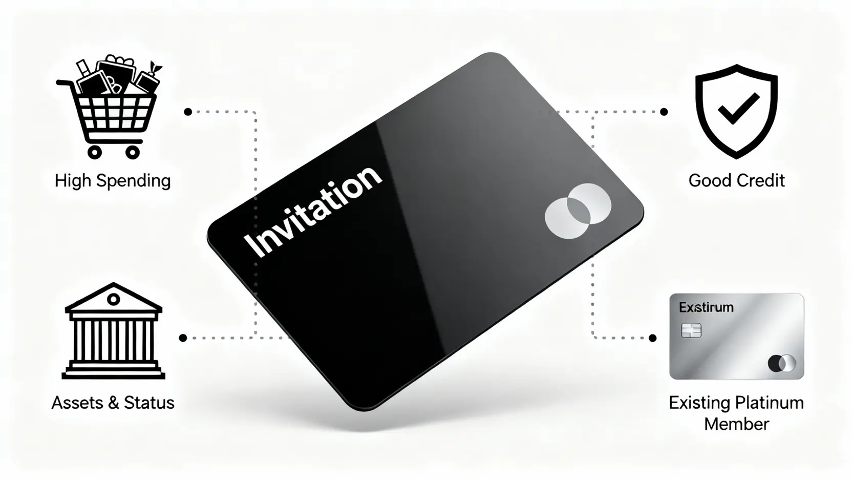 獲得美國運通黑卡邀請的四個主要條件示意圖：持有白金卡、高消費能力、良好信用紀錄以及雄厚資產。