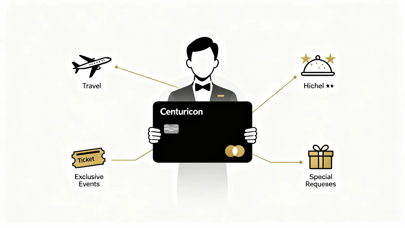 黑卡專屬管家服務示意圖，顯示一位卡主透過卡片獲得旅遊、餐飲、活動訂票和特殊購物等全方位客製化服務。