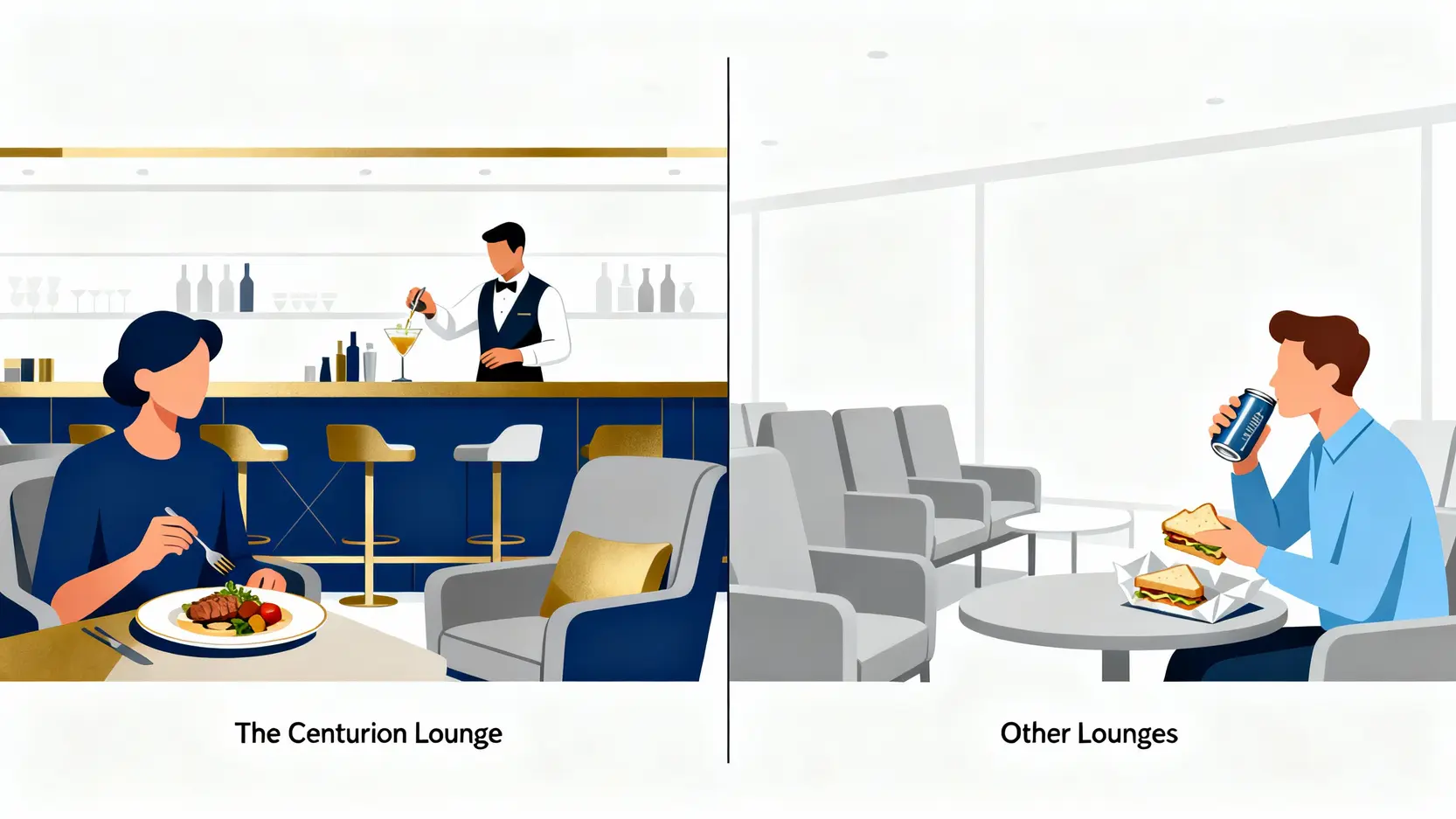AE卡權益完全指南:一篇搞懂美國運通優惠、機場貴賓室與長樂會員 美國運通 Centurion 貴賓室與 Priority Pass 等其他合作貴賓室的比較圖,突顯餐飲、服務與設施的差異。