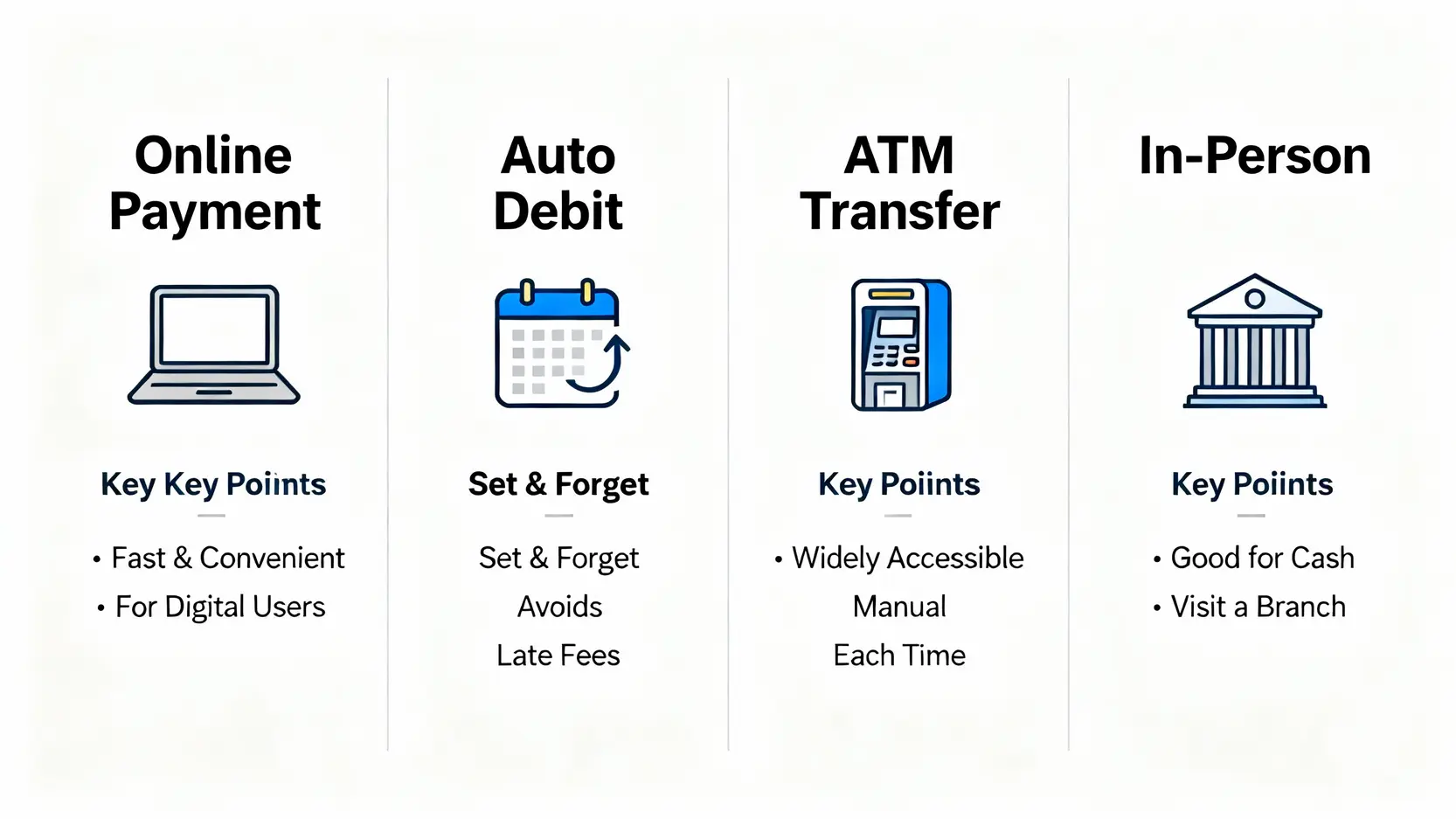 美國運通繳費全攻略:5種繳款方式、AE卡帳單查詢與客服電話總整理 美國運通四種主要繳費方式比較圖,包含線上繳費、自動扣繳、ATM轉帳及臨櫃繳款的優點。