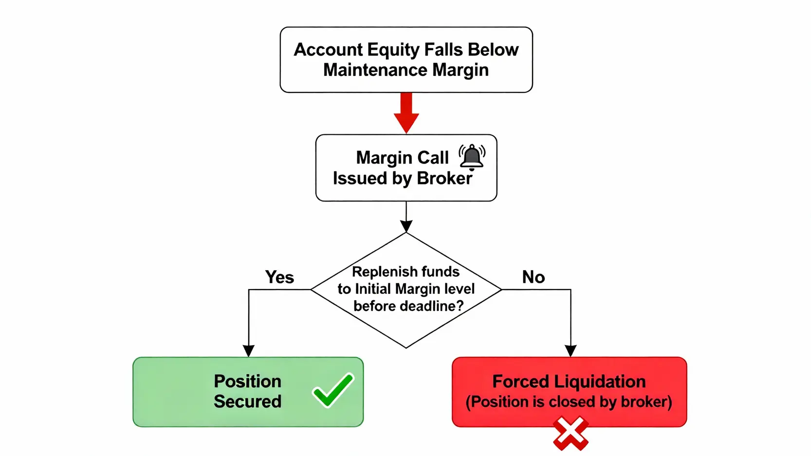 股票期貨保證金新手指南|個股、ETF期貨一口多少錢?計算方式全圖解 股票期貨保證金追繳與斷頭流程圖,說明從權益數不足到強制平倉的過程。