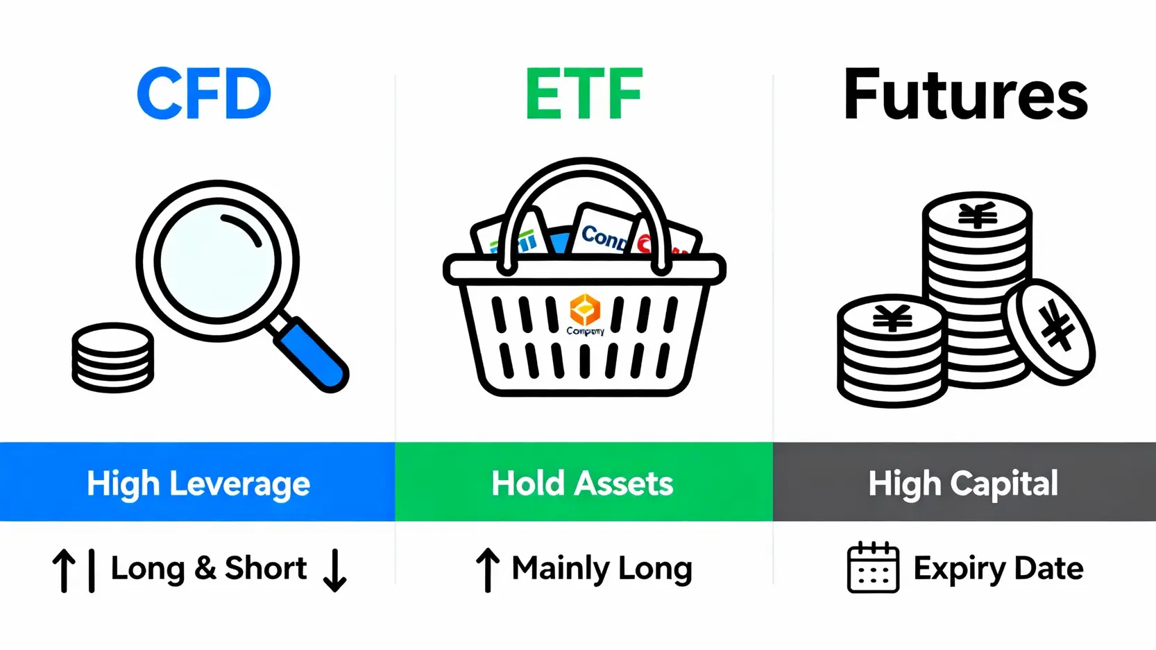標普500 CFD是什麼?新手交易策略、優缺點與平台全攻略 S&P 500 CFD、ETF與期貨的比較圖,突顯資金門檻、槓桿和交易方向的差異。