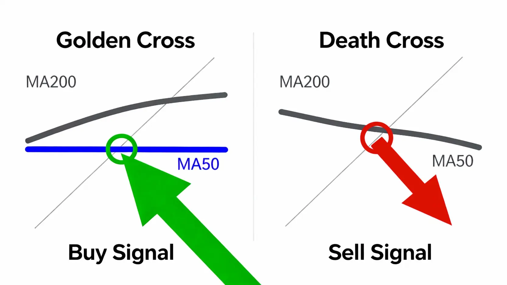 標普500 CFD是什麼?新手交易策略、優缺點與平台全攻略 黃金交叉與死亡交叉的交易策略示意圖。左側顯示50日均線向上穿越200日均線的買入訊號,右側顯示向下跌破的賣出訊號。
