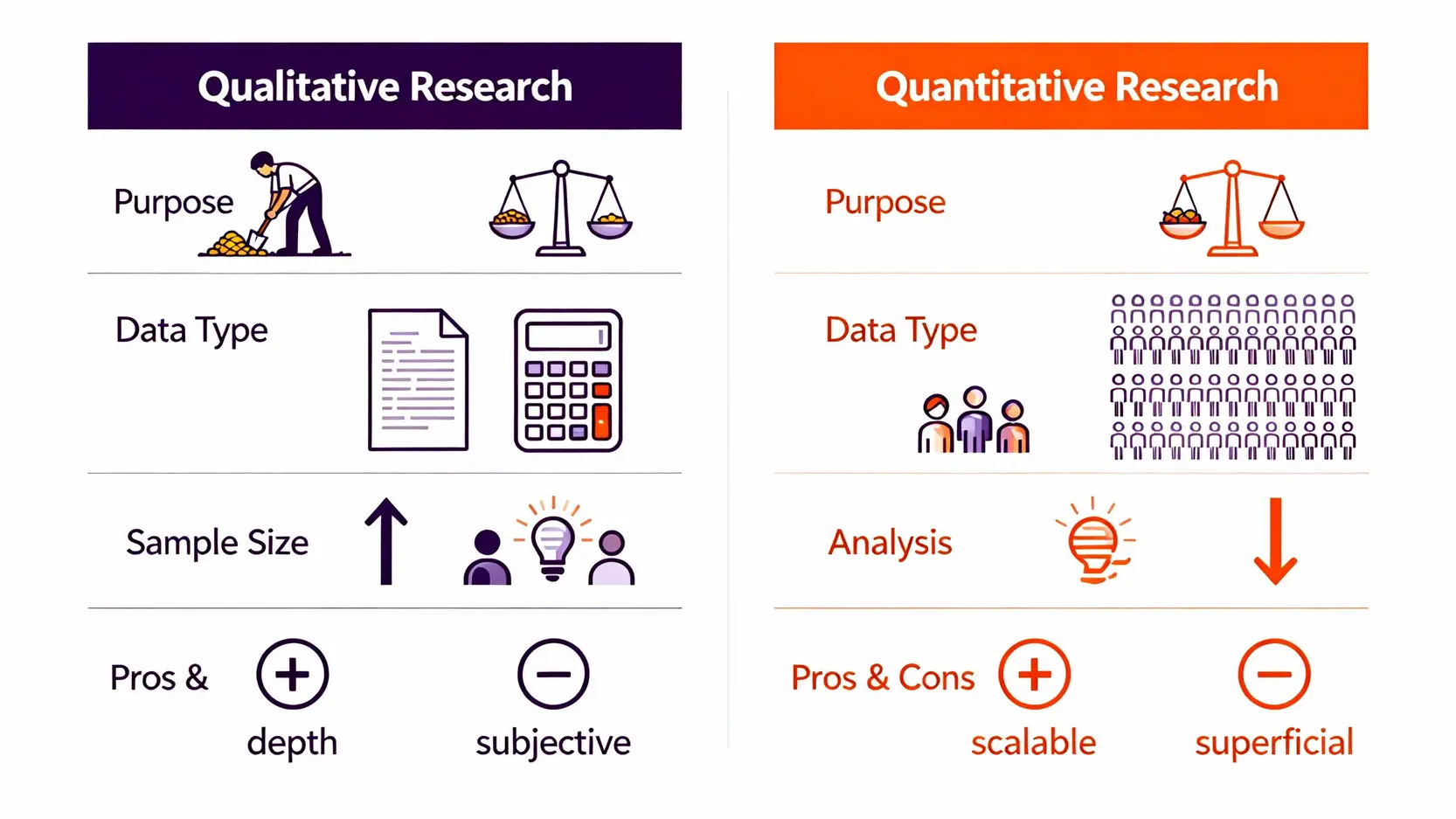 質化vs.量化研究差異在哪?一篇搞懂5大核心比較與應用時機 質化與量化研究五大核心差異對比圖,涵蓋研究目的、數據類型、樣本規模、分析方式與優缺點。
