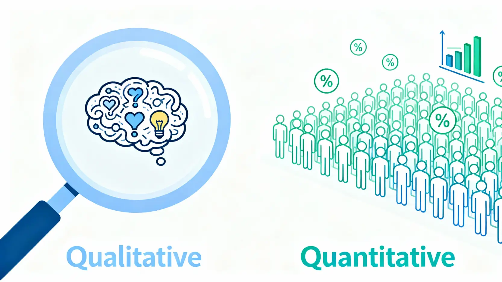 質化vs.量化研究差異在哪?一篇搞懂5大核心比較與應用時機 質化研究與量化研究的核心差異示意圖,左邊是放大鏡深入探索思想,右邊是統計圖表測量人群。