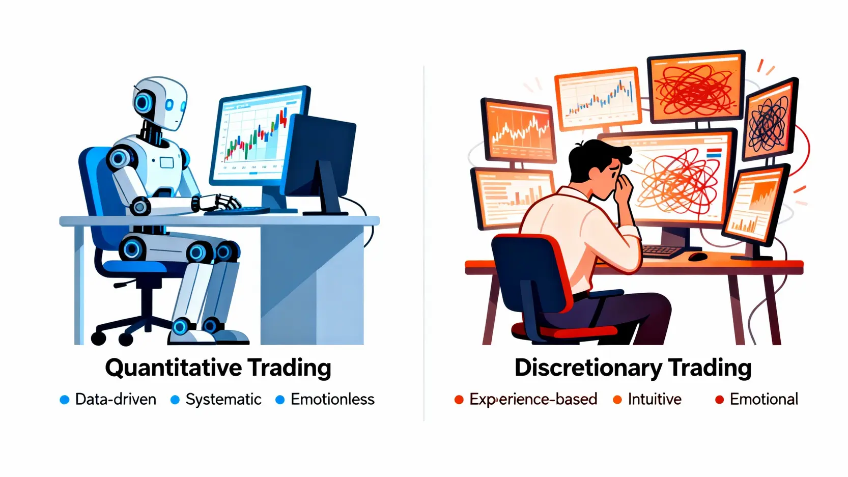 量化交易是什麼?新手入門指南,一篇搞懂定義、優缺點與策略 量化交易與主觀交易的對比圖,左邊是數據驅動的機器人,右邊是憑感覺交易的人類。