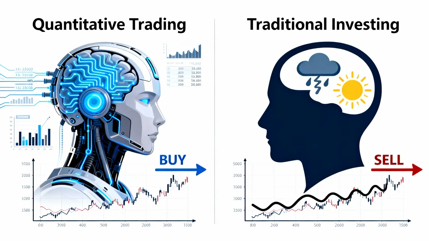 量化投資新手懶人包:一篇搞懂股票量化交易與量化基金 量化交易與主觀交易的對比圖,左側是數據驅動的機器人大腦做出買入決策,右側是受情緒影響的人腦做出賣出決策。