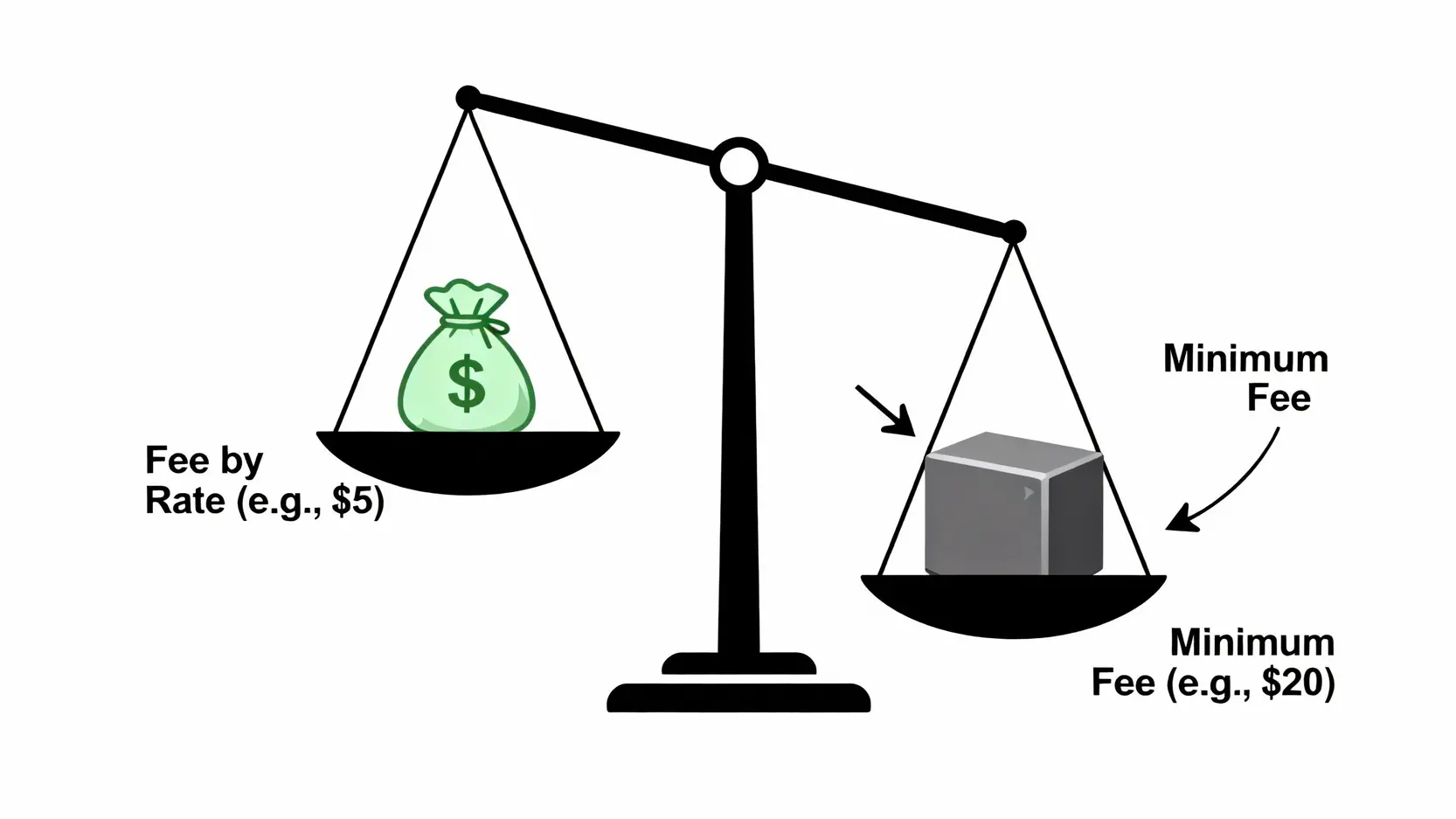 複委託手續費比較懶人包:12家券商費用、低消與省錢方法全攻略 複委託手續費計算示意圖,用天平展示手續費率計算金額與最低消費的比較,最終收取較高者。
