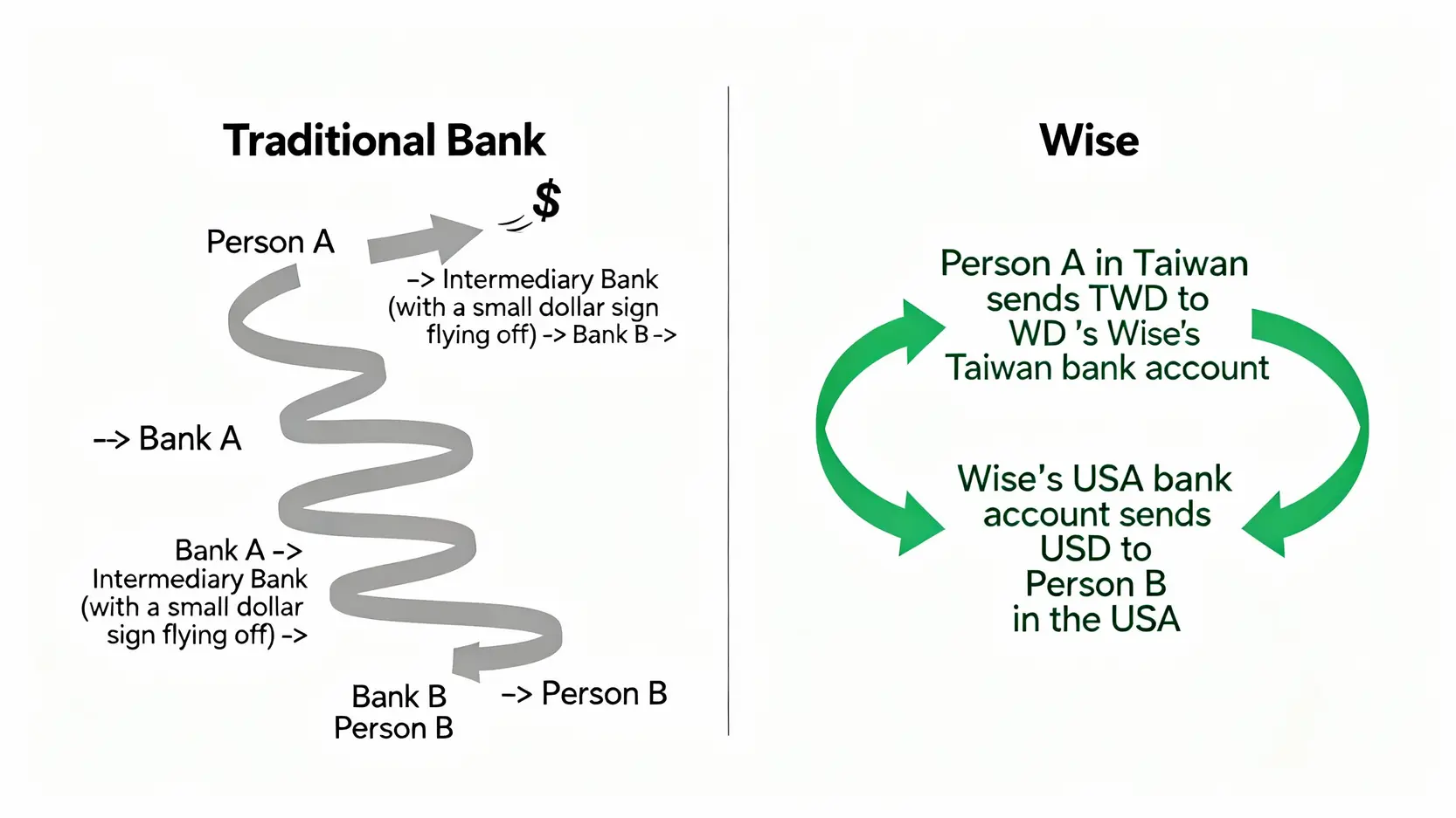 【跨國匯款教學】國外匯款流程、銀行電匯資料與手續費全攻略 傳統銀行電匯與Wise平台匯款流程對比圖,顯示傳統電匯需經過中轉行,而Wise則透過境內轉帳模式運作。
