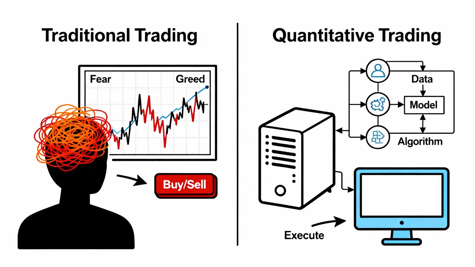 量化交易平台終極指南:5大熱門軟體(TradingView/Python)完整比較 傳統交易與量化交易的對比圖,顯示了情緒化決策與數據化決策的區別。
