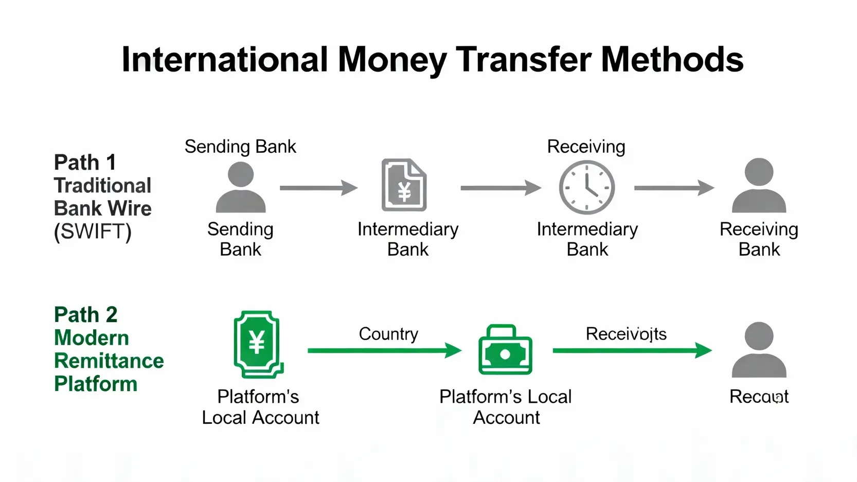 國外匯款到台灣終極指南:一篇搞懂收款銀行資料、手續費與海外匯款入帳時間! 傳統銀行電匯與新型匯款平台的流程對比圖,顯示了中轉行造成的延遲。