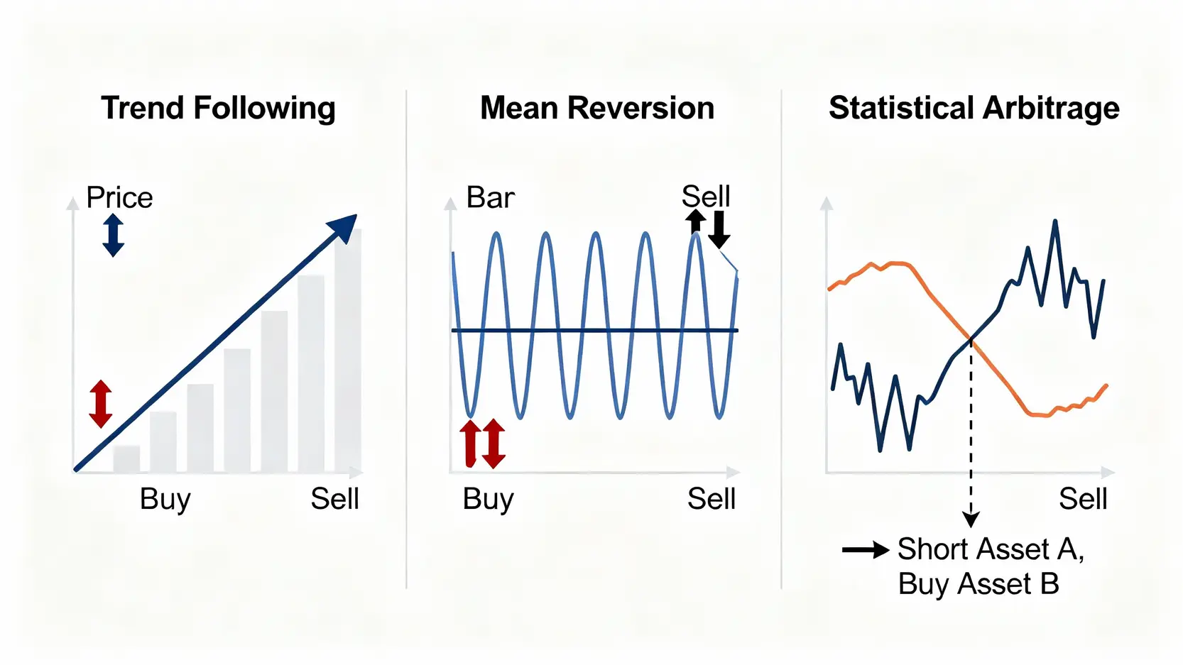 三種主流量化交易策略示意圖：趨勢跟隨、均值回歸與統計套利。