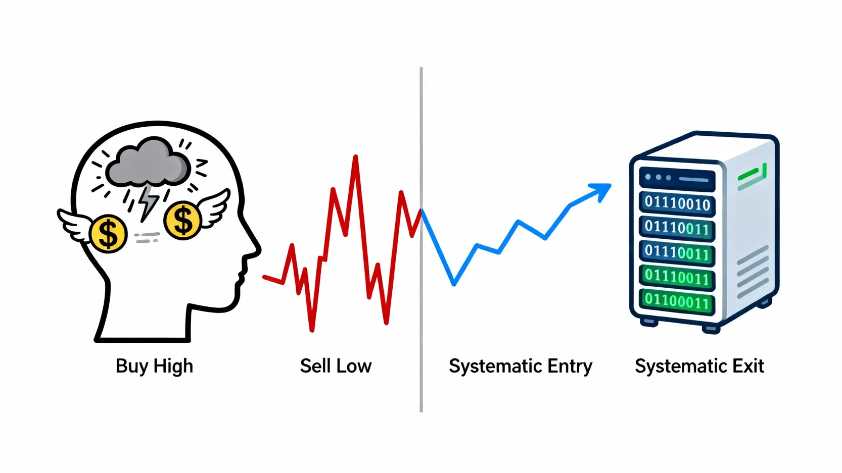 量化交易與主觀交易的對比圖，顯示量化交易如何用數據系統取代人類的情緒化決策。