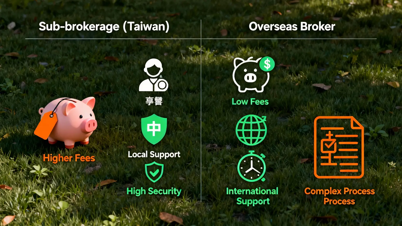 複委託是什麼?一篇搞懂手續費、優缺點與海外券商比較 複委託與海外券商的優缺點比較圖,突顯兩者在手續費、客服語言、資金安全性與便利性上的主要差異。