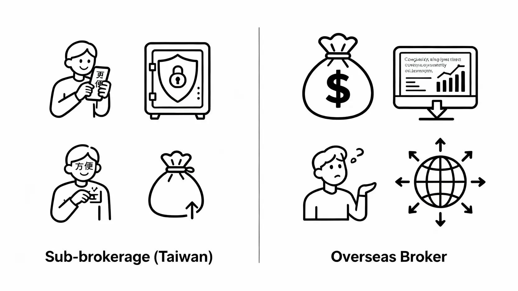 複委託與海外券商優缺點比較圖，複委託強調便利與安全，海外券商強調低成本與多元商品。