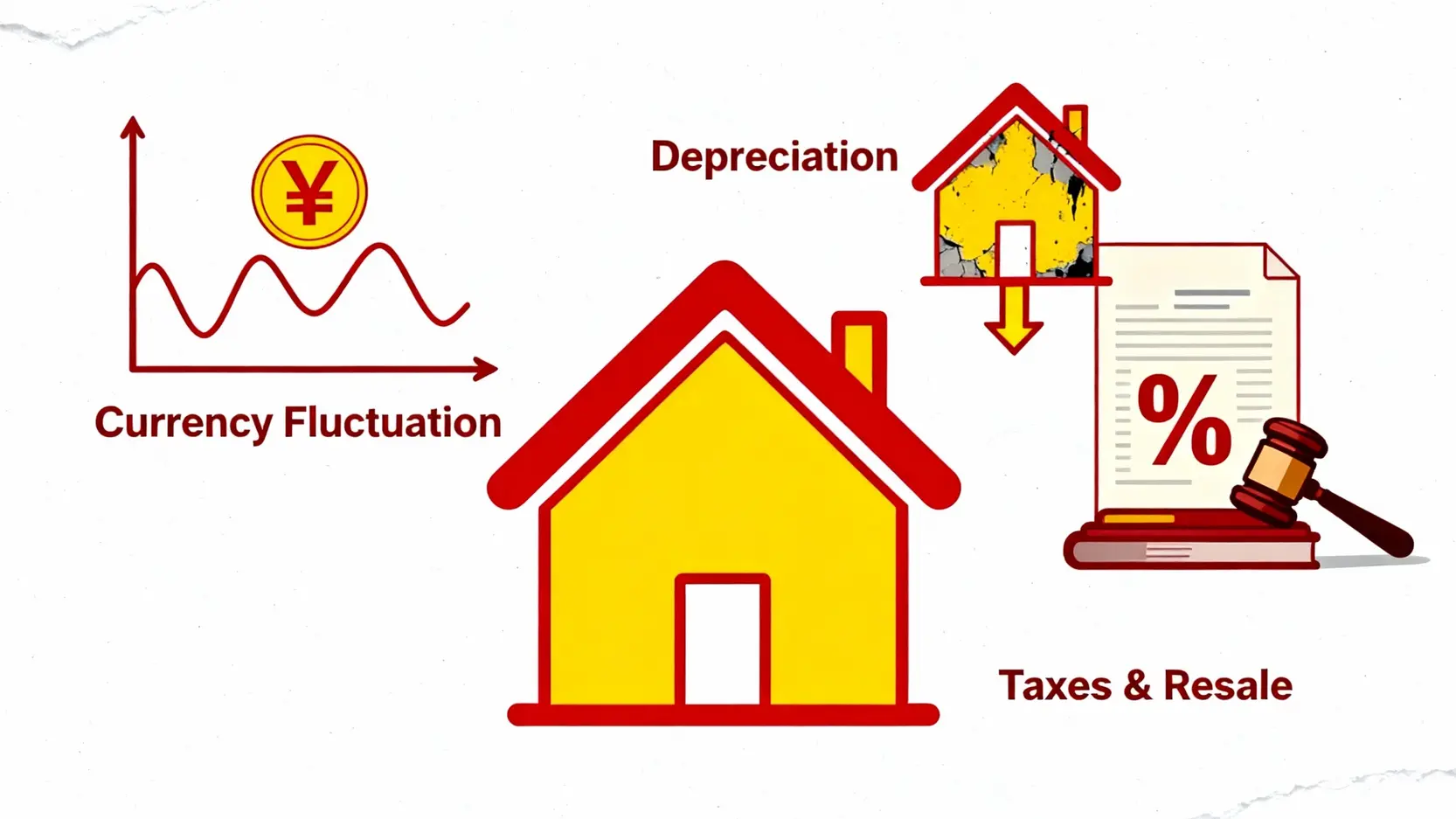 投資日本不動產終極指南:東京大阪房價全解析與5大避險攻略 一張概念圖,展示投資日本不動產的三大風險:匯率波動、房屋折舊以及稅務與轉手挑戰。