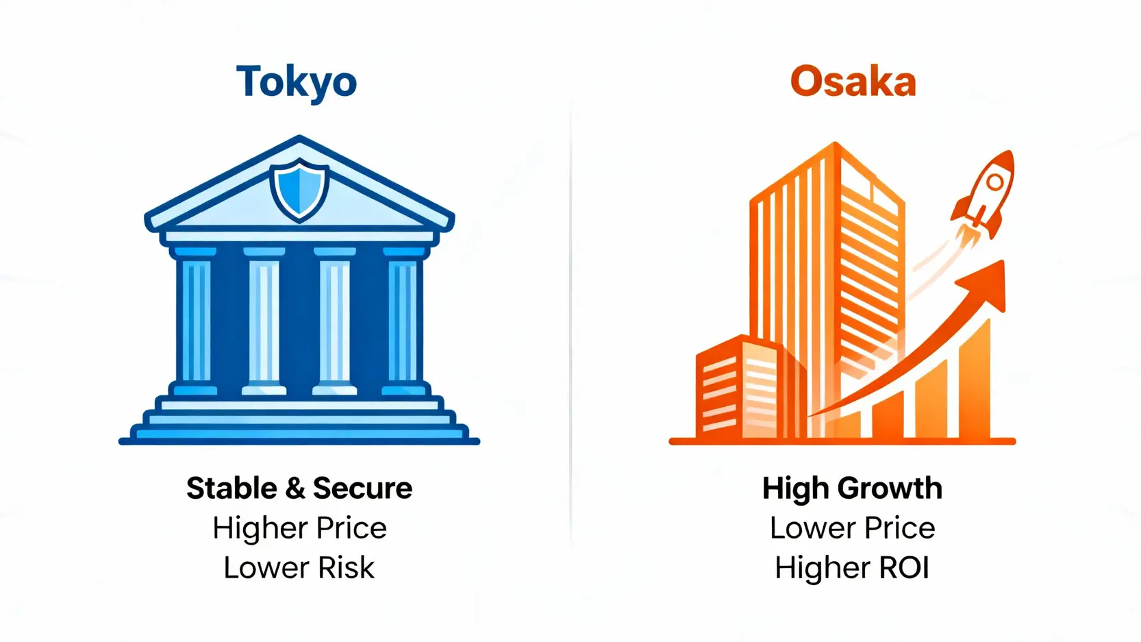 投資日本不動產終極指南:東京大阪房價全解析與5大避險攻略 一張對比圖,左邊用藍色調代表穩健保值的東京房市,右邊用橘色調代表高成長潛力的大阪房市。