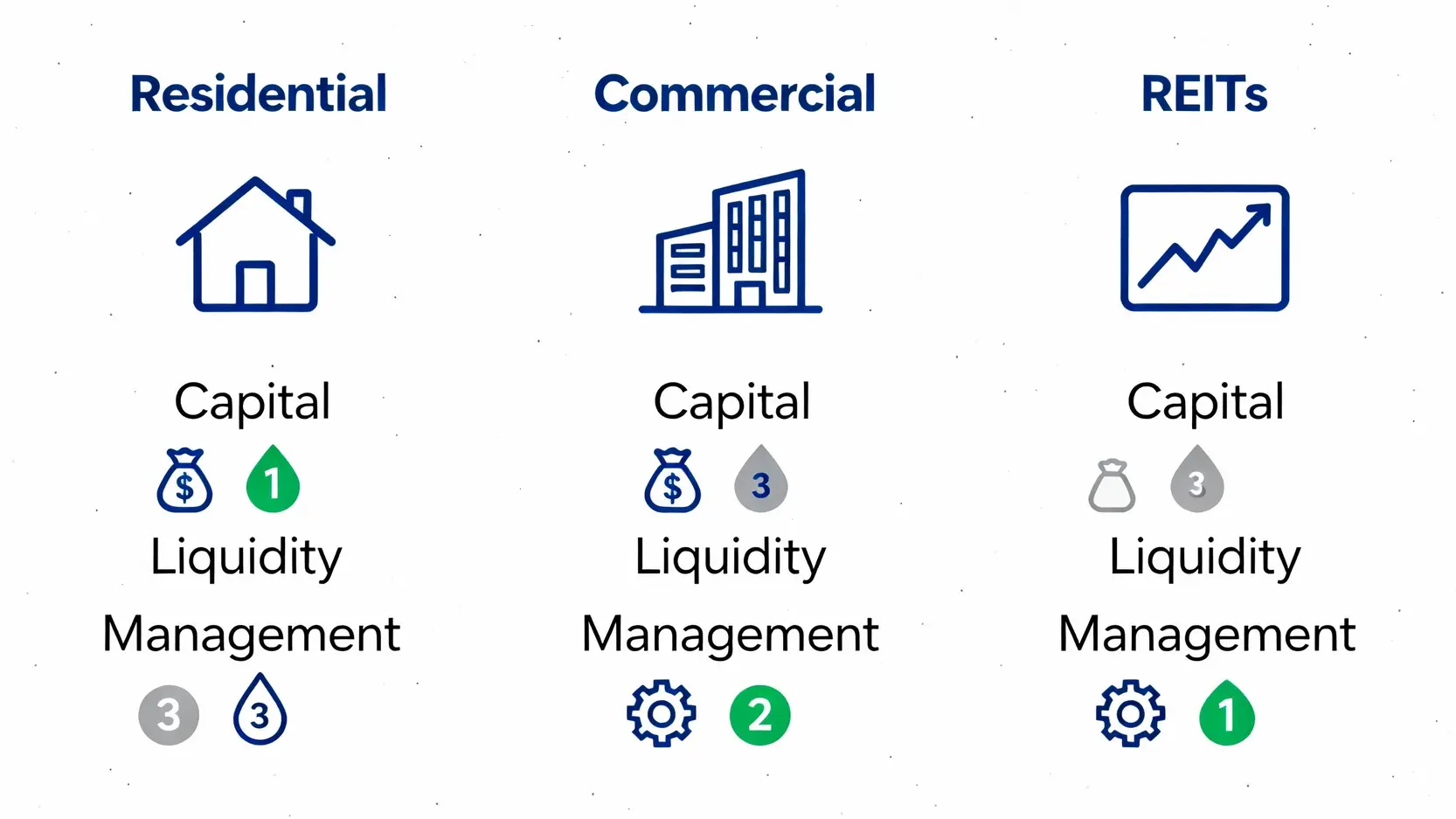 不動產入門指南:一篇搞懂住宅不動產定義、種類介紹與5大投資策略 三種不動產投資類型比較圖:住宅不動產、商業不動產與REITs在資金門檻、流動性與管理心力上的差異。