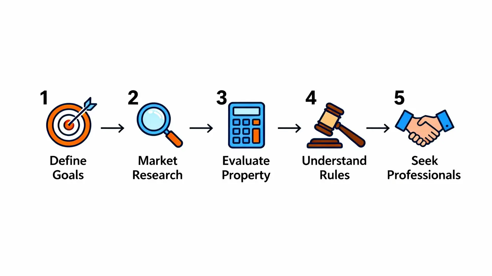 不動產入門指南:一篇搞懂住宅不動產定義、種類介紹與5大投資策略 不動產入門五步驟流程圖,包含明確目標、研究市場、評估物件、了解法規、尋求專業協助。