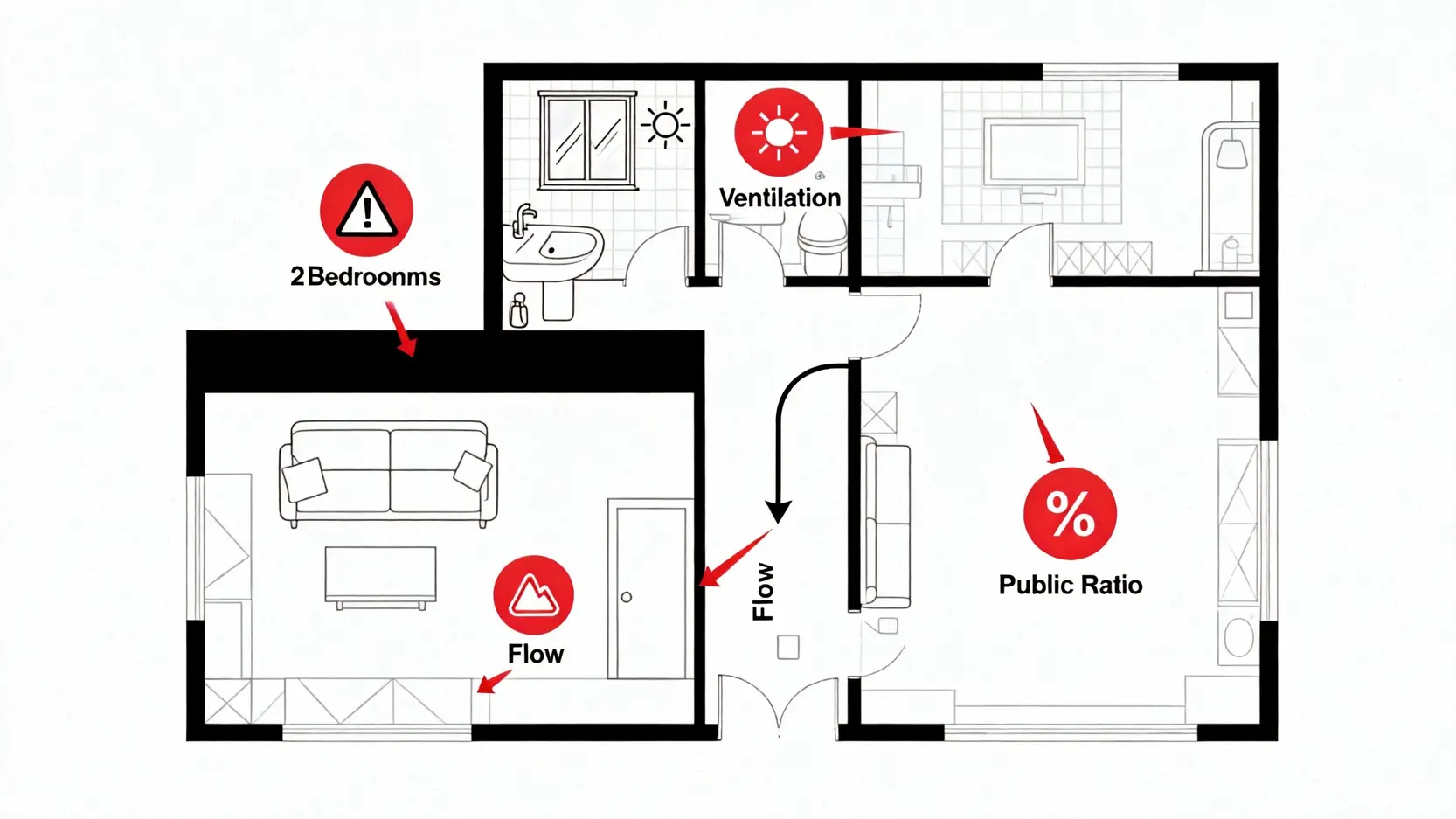 找房平台推薦:5大買房APP實測評比,從591新建案找到平價屋 一張建案格局圖,標示出看圖的重點,如樑柱位置、衛浴開窗、動線流暢度與公設比。