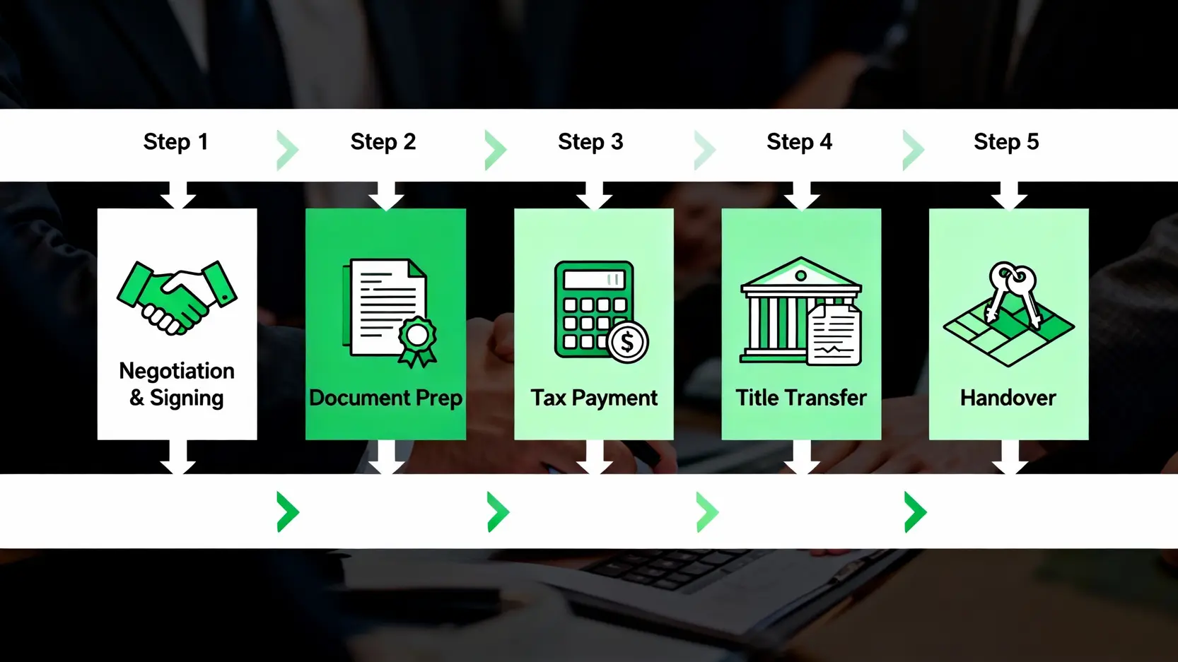 土地買賣流程全攻略:5步驟搞懂簽約、過戶與建地農地注意事項 土地買賣五大核心流程圖,從議價簽約到點交的完整步驟。